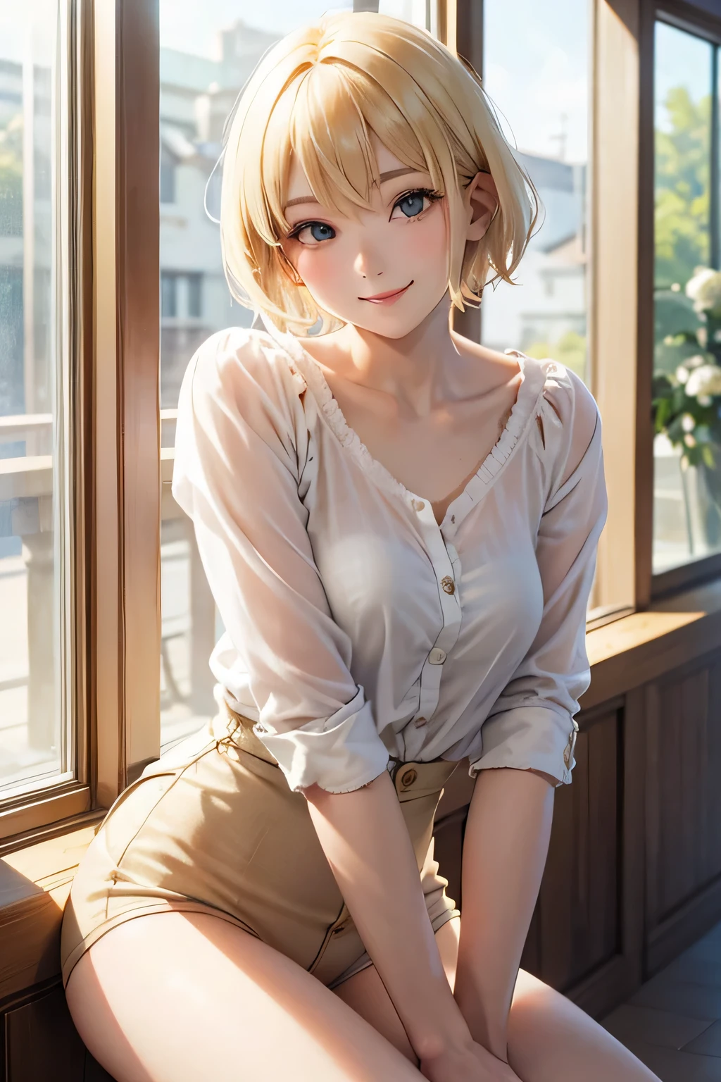 blonde、short hair、girl1、close up of face、thighs、smile、window、morning、sunlight