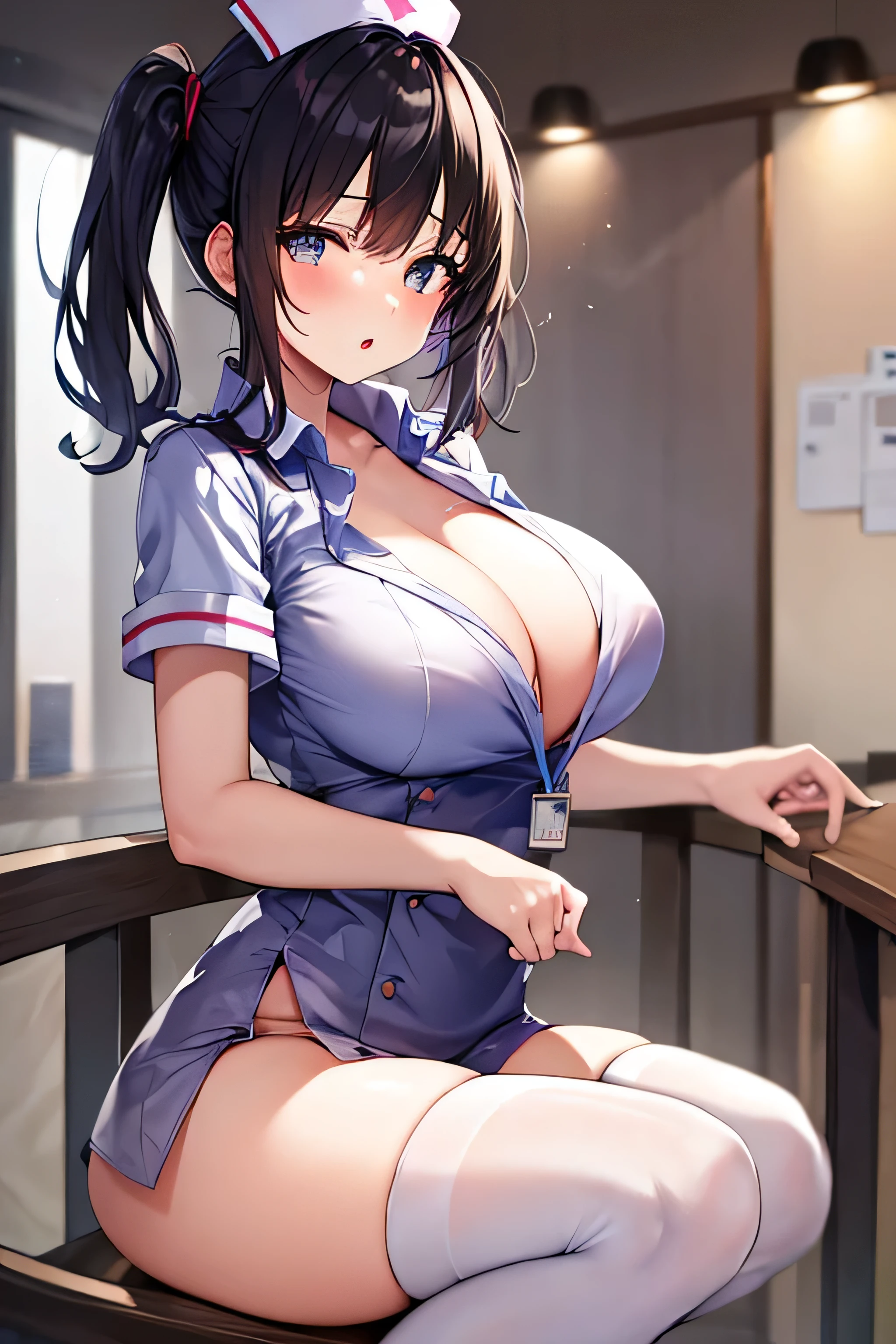 masterpiece、best image quality、ultra high resolution、teenage girl with big breasts、twin tail hairstyle、black hair、red face、shyly、mock、Open your mouth just a little、A white short-sleeved nurse uniform that shows the cleavage of a teenage girl、white thigh high socks for teenage girls、well-shaped lower body、Inside the hospital