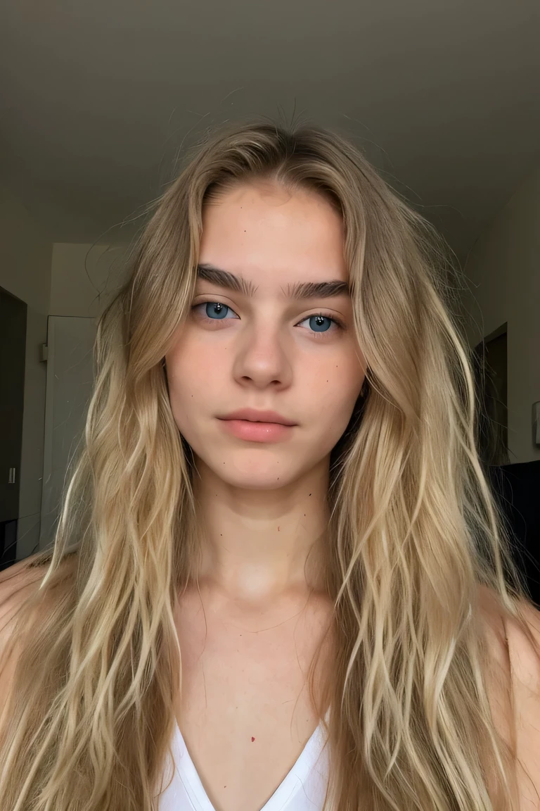 pretty blonde model, 18 ans, poitrine 95D, Long and wavy blonde hair, Yeux bleus, Dark eyebrows, Debout face à la camera