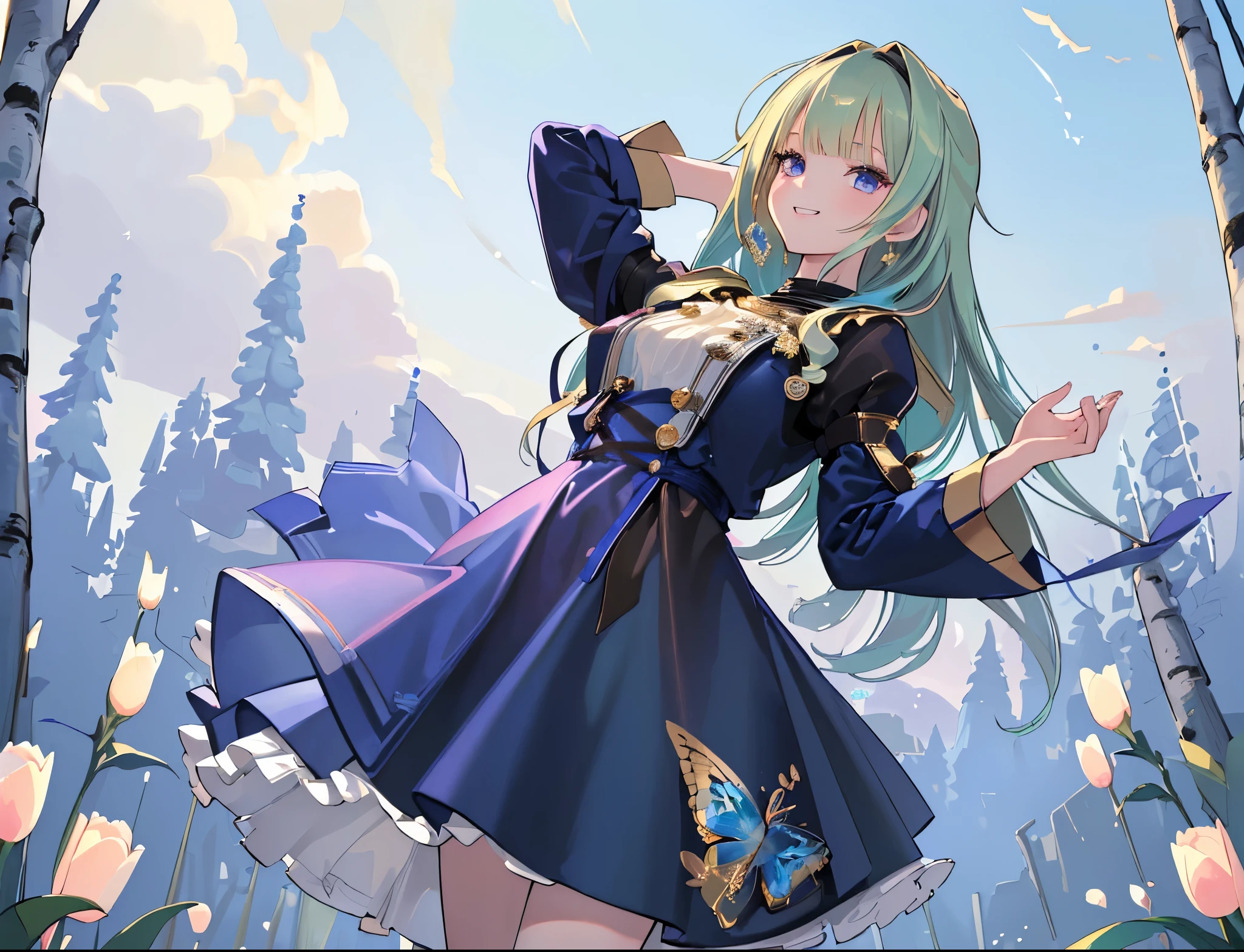 (masterpiece:1.21), (best quality:1.331), ((Super detailed)), ((Very good illustration)), ((Astonishing)), (super quality), Gorgeous and rich graphics, (extremely delicate and beautiful:1.21),2k, A girl with blue hair smiling, with her arm naturally hanging down, standing on a mountain, surrounded by birch trees and beautiful tulips on the ground, full of hope, high saturation, morning light, portrait.