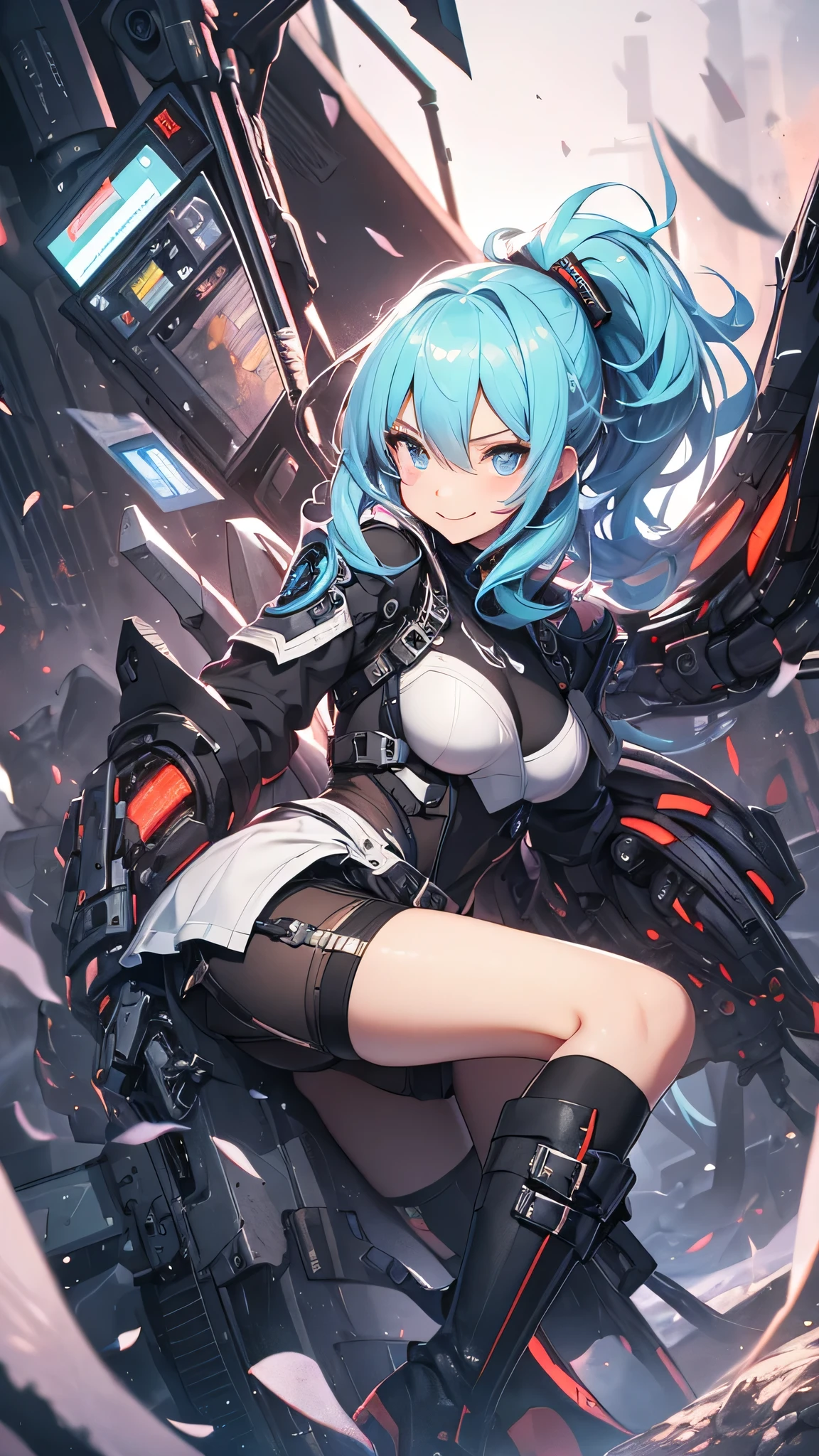 最high quality、best image quality、masterpiece、girl((20-year-old、 By becoming、vest bust、medium bust,wide open breast tea、shining eyes, light blue hair、long hair、thin,highest valley、ponytail、robot body、Machine body、red lipstick、half-backed posture、floating state、mechanical sword、sharp mechanical wings、shiny boots、smile、black underwear)),high quality、beautiful art、background((Hanger、Machine area))、Flight、debris flies、Depth of written boundary、movie、visual art、perfect art、8k,genuine、