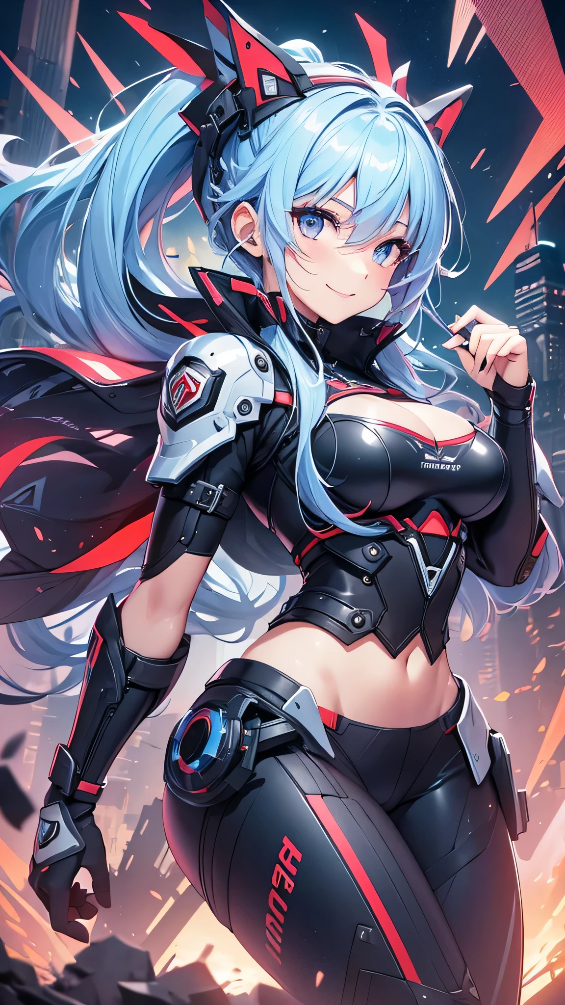 最high quality、best image quality、masterpiece、girl((20-year-old、 By becoming、vest bust、medium bust,wide open breast tea、shining eyes, light blue hair、long hair、thin,highest valley、ponytail、robot body、Machine body、red lipstick、half-backed posture、floating state、mechanical sword、sharp mechanical wings、shiny boots、smile、black underwear)),high quality、beautiful art、background((Hanger、Machine area))、Flight、debris flies、Depth of written boundary、movie、visual art、perfect art、8k,genuine、