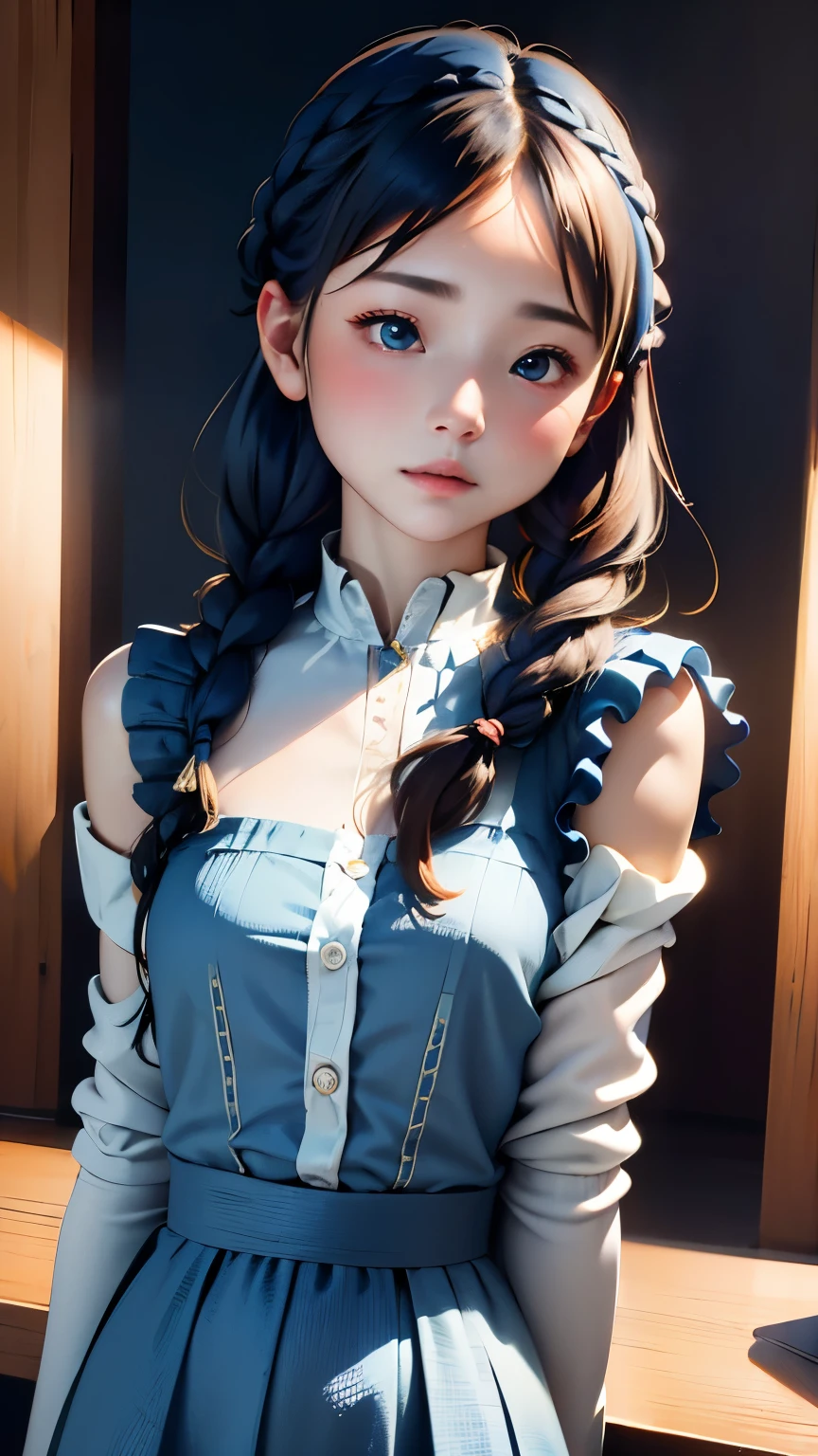 (((horizon blue world:1.3)))、highest quality, table top, High resolution, (((1 girl))), ************,(((french braid:1.2)))、(((i am horizon blue:1.3)))、horizon blue dress、((horizon blue shirt:1.3、horizon blue color block dress)), Tyndall effect, realistic, shadow studio,Ultramarine lighting, dual tone lighting, (high detail skin: 1.2)、dim lighting、dark lighting、 Digital single-lens reflex camera, photograph, High resolution, 4k, 8k, background blur,fade out beautifully、horizon blue world