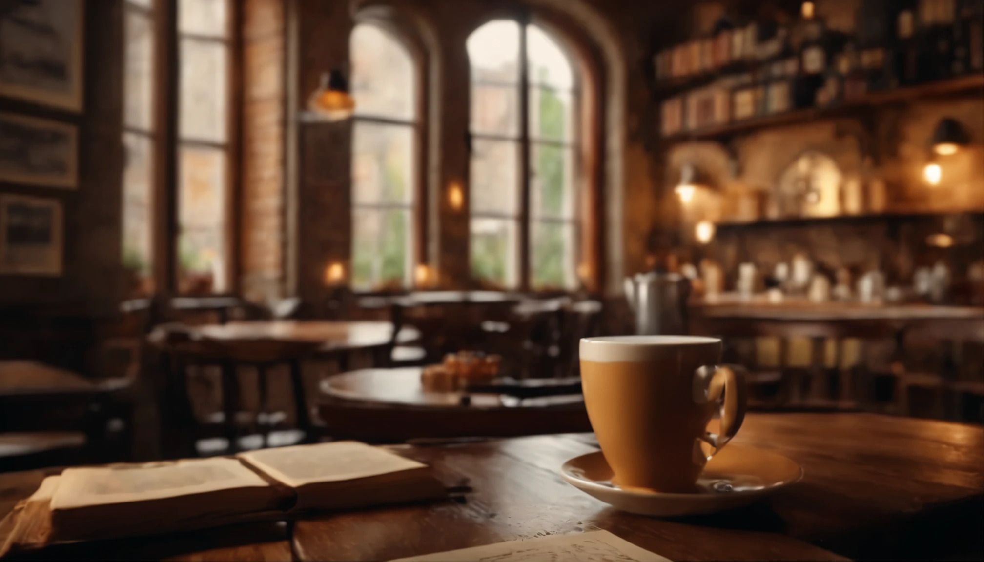 (Best Quality, 4K,8K, high resolution, masutepiece: 1.2), Highly detailed, (Realistic, Photorealistic, Photorealistic: 1.37), cozy cafe, Autumn Rain Wallpaper, Wooden tables and chairs, Soft lighting, Steam rising from the coffee cup , Fallen leaves on the ground, Brick walls, Aroma of freshly brewed coffee, Warm and friendly atmosphere, Natural color palette, Relaxing jazz music, Cappuccino Coffee Art, Vintage Coffee Machine, Windows overlooking the ancient street, Cozy seating corners, Bookshelf full of books, Artistic painting on the wall, Decoration