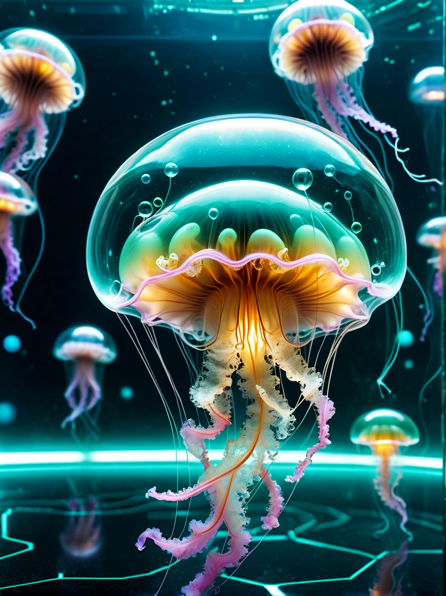 (Cute alien jellyfish on futuristic background combines sci-fi style with modern design)，风格为color纹理、(radiation clusters)、Lowell Herero、Transparent color、Rebecca Louise Law、color、Come to technology,thunder and lightning,Epic scenes,Photorealism,cyberpunk,bubble goth,Vision,8K