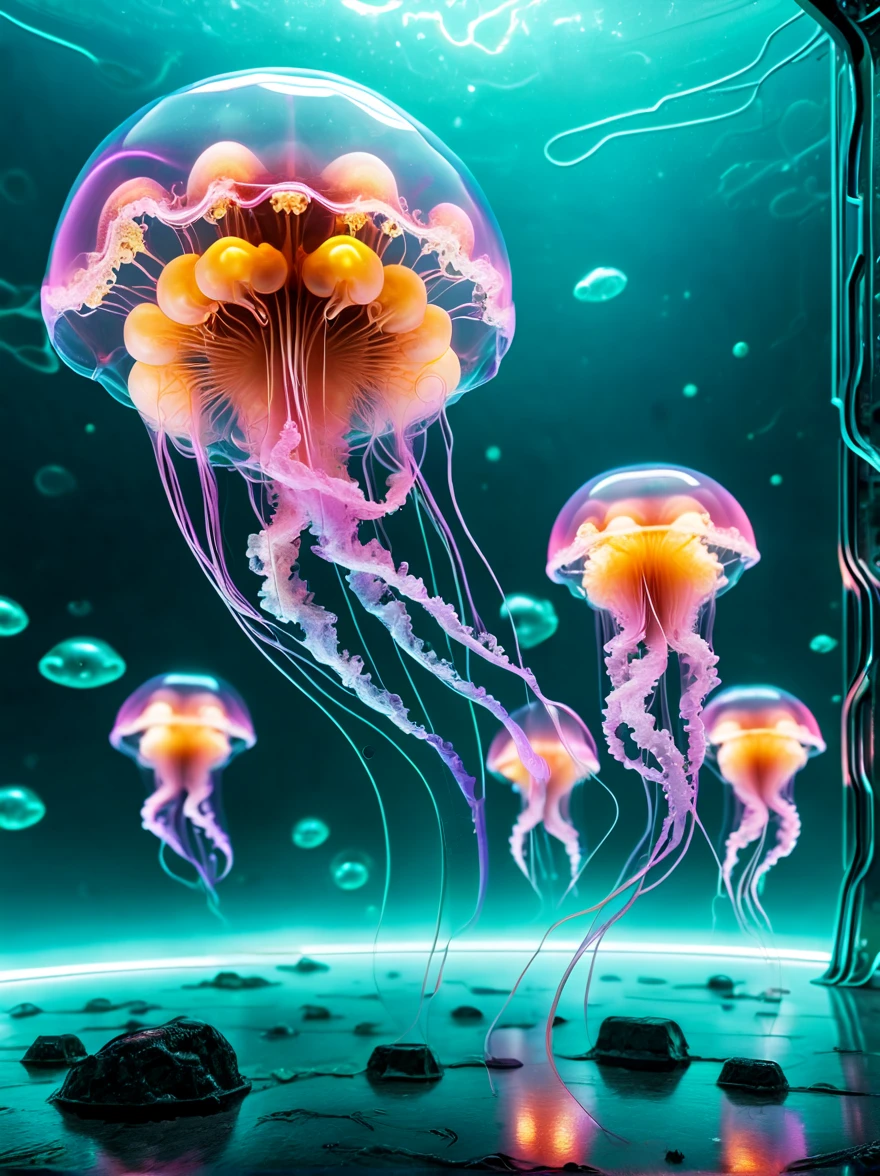 (Cute alien jellyfish on futuristic background combines sci-fi style with modern design)，风格为color纹理、(radiation clusters)、Lowell Herero、Transparent color、Rebecca Louise Law、color、Come to technology,thunder and lightning,Epic scenes,Photorealism,cyberpunk,bubble goth,Vision,8K