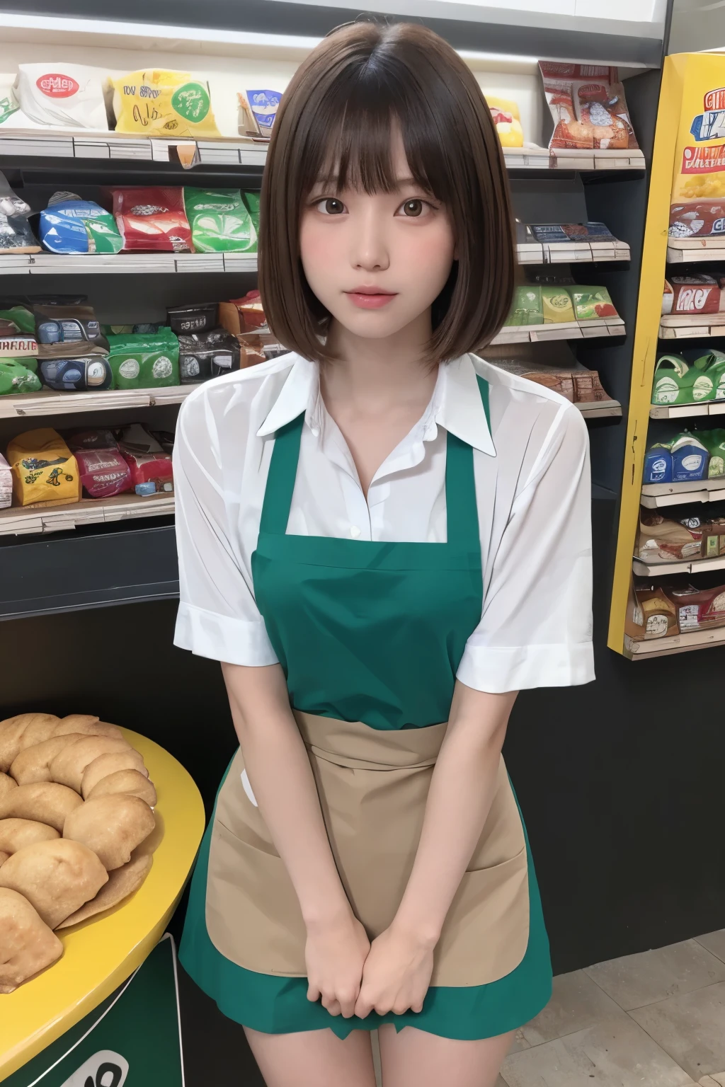 one girl, (a beauty girl, delicate girl:1.3), (, :1.3),歯を見せる笑顔
break, (shirt, green apron, family mart:1.3),巨乳
break, extremely fine-grained clarity, (symmetrical eyes:1.3),Plump thighs、full body figure、セミロングヘア
break, (Inside a convenience store:1.3), perfectly trimmed fingers,
break, small breasts, brown eyes, parted bangs, brown hair,  girl,
break, (Eye and face details:1.0),
break, (masterpiece, highest quality, super detailed, detailed face, 8k)