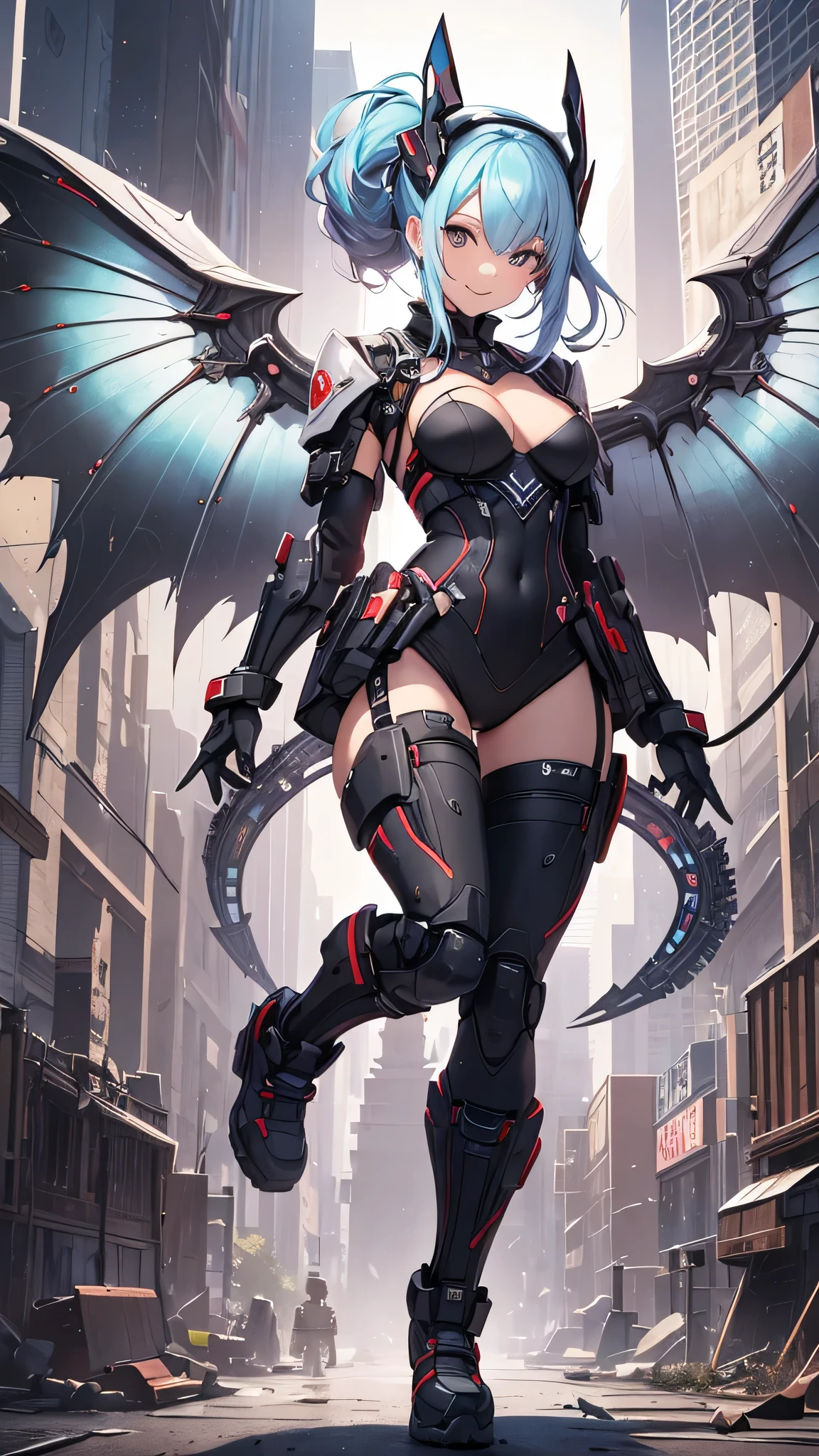 最high quality、best image quality、masterpiece、girl((20-year-old、 By becoming、vest bust、medium bust,wide open breast tea、shining eyes, light blue hair、long hair、thin,highest valley、ponytail、robot body、Machine body、red lipstick、half-backed posture、floating state、mechanical sword、sharp mechanical wings、shiny boots、smile、black underwear)),high quality、beautiful art、background((Hanger、Machine area))、Flight、debris flies、Depth of written boundary、movie、visual art、perfect art、8k,genuine、