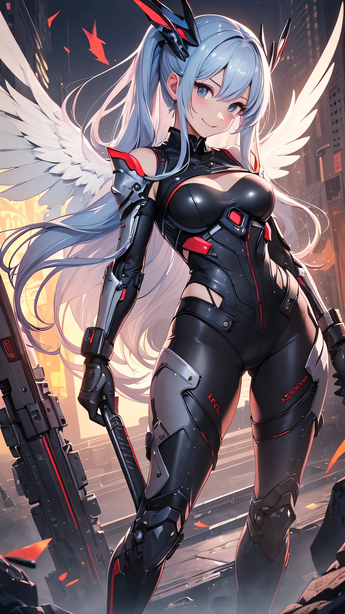 16k, masterpiece,(best quality),highly-detailed,ultra-detailed,1girl, big breast,boob window,(mechanical wings),(cyberpunkcity:1.5,weapon:energy blade),(fantasylandscape:1.2, natural lighting:1.5, confident expression),(panorama:1.2), mecha, smile, angle,Angels, wings, gold,raw