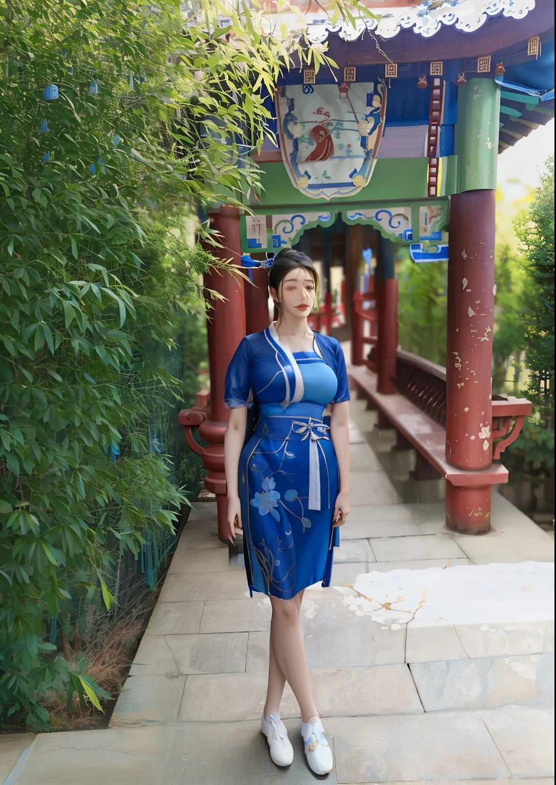 Woman wearing ancient Hanfu standing in front of building, There is a Chinese temple, Standing in a Buddhist temple, 在一座In front of the temple, in a blue qipao, in temple, Paired with ancient Chinese costumes, In front of the temple, Standing in the botanical garden, Inspired by Li Di
