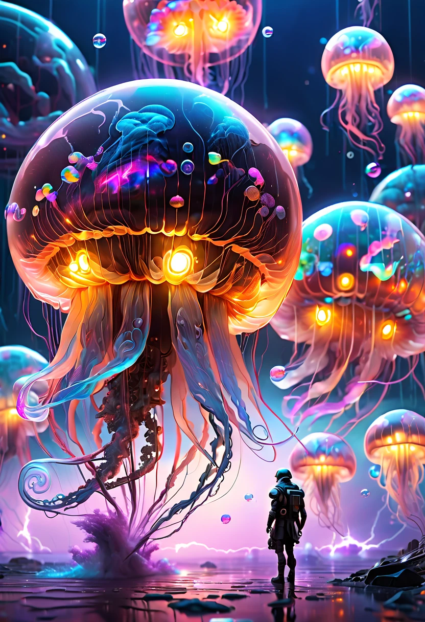 (Cute alien jellyfish on futuristic background combines sci-fi style with modern design)，风格为color纹理、(radiation clusters)、Lowell Herero、Transparent color、Rebecca Louise Law、color、Come to technology,thunder and lightning,Epic scenes,Photorealism,cyberpunk,bubble goth,Vision,8K
