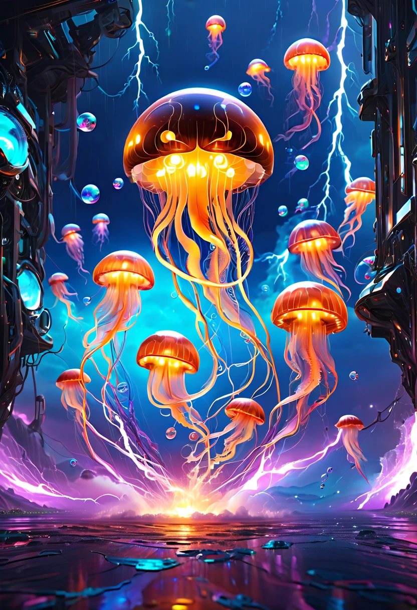 (Cute alien jellyfish on futuristic background combines sci-fi style with modern design)，风格为color纹理、(radiation clusters)、Lowell Herero、Transparent color、Rebecca Louise Law、color、Come to technology,thunder and lightning,Epic scenes,Photorealism,cyberpunk,bubble goth,Vision,8K