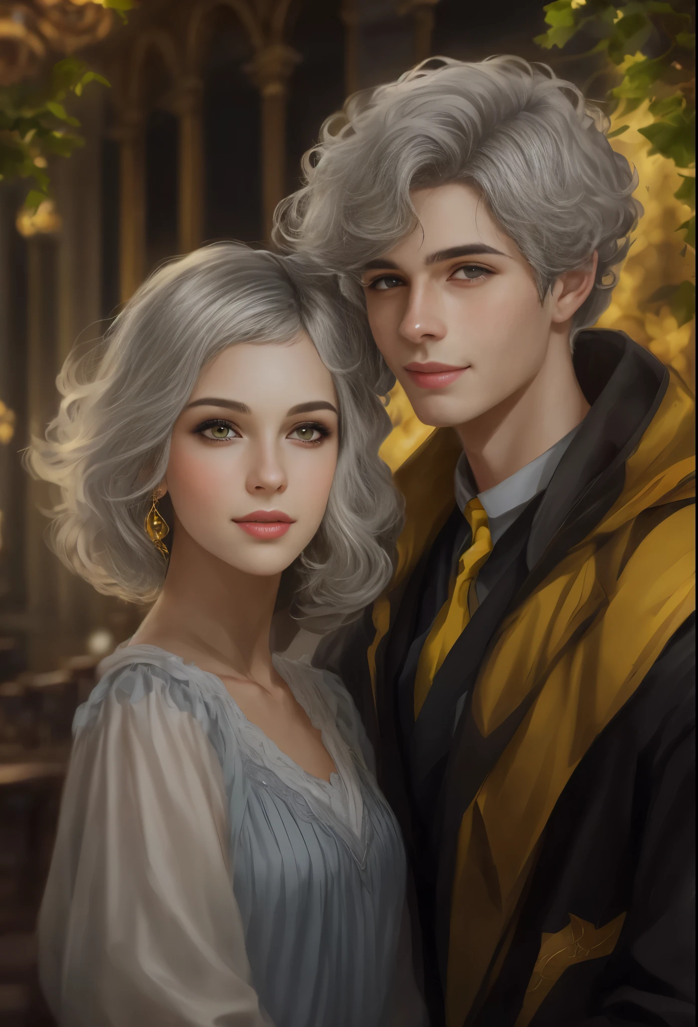 High resolution, portrait, boy and girl with dark hair, 28 years old, light gray hair, short haircut, yellow eyes, smile, crown, portrait, ballroom in the background, realism, fantasy