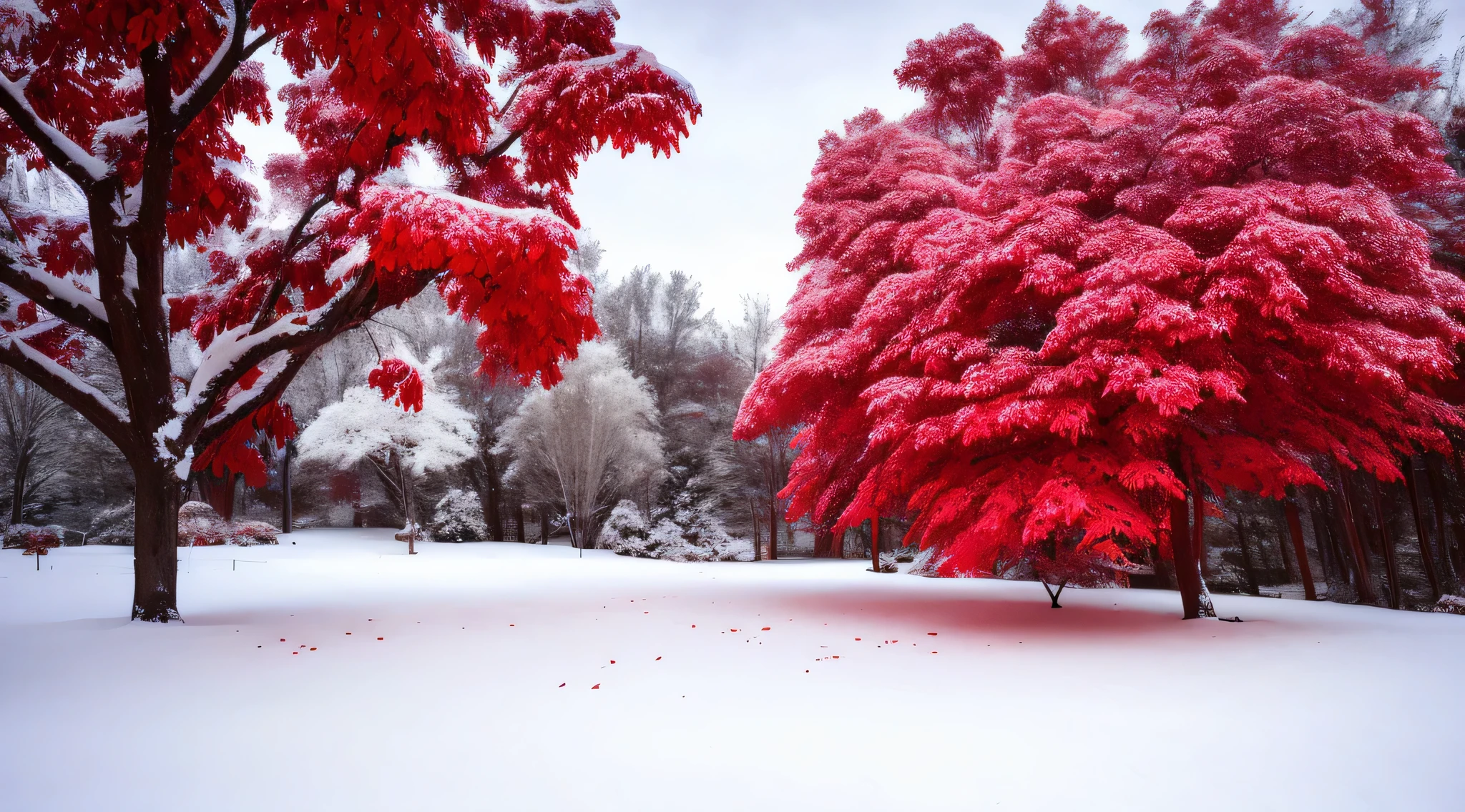 snowy scene of a tree with red leaves in the foreground, with snow covered colourful red, beautiful wallpaper, magical leafs falling, red and white colors, dusting of snow, autumn season, red leaves, maple tree, canadian maple leaves, red trees, red leaves on the ground, blood red leaves, very beautiful photo, gentle snow, red and white color theme