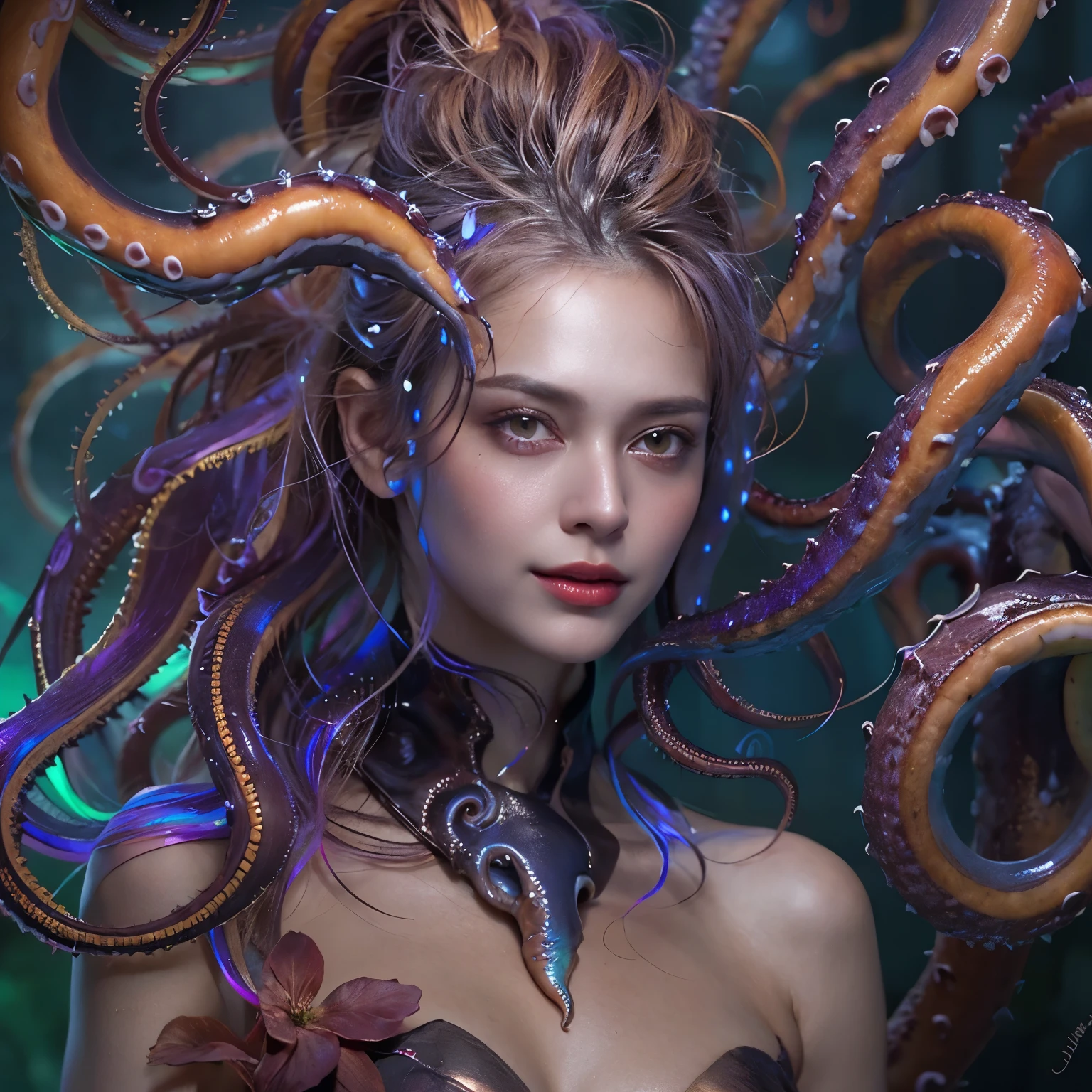 (1 extreamly beautiful female creature: 1.2), With a beautiful, enchanting face, this alien seduces us with her allure. Her captivating red eyes gleam brightly, reminiscent of burning embers. Her full body is unlike any human's, boasting a sexy, otherworldly form. No humans are present in this scene as she stands alone, her cells fused in a unique and intriguing extraterrestrial way.
(extraordinary beautiful nude photo:1.4), (glowing black eyes:1.5), (sexy and glamorous:1.1), (coquettish expression:1.2), toned lean body, (muscular:1.2), (beautiful abs:1.5), beautiful nipples, (She has lots of iridescent translucent tentacles instead of her hair:1.8), pale skin, (white skin with prominent veins:1.3), (She is looking down at the viewers from above with a seductive smile that suggests a sexual invitation:1.5), wearing a beautiful brightly colored exoskeleton, ultra realistic realism, High resolution, High freshness, Unity 8K wallpaper, Super detailed artistic photography,
Lots of iridescent translucent tentacles adorn her body, shimmering under the dramatic lighting. Her pale skin, with a hint of translucency, adds to her ethereal allure. This masterpiece, rendered in