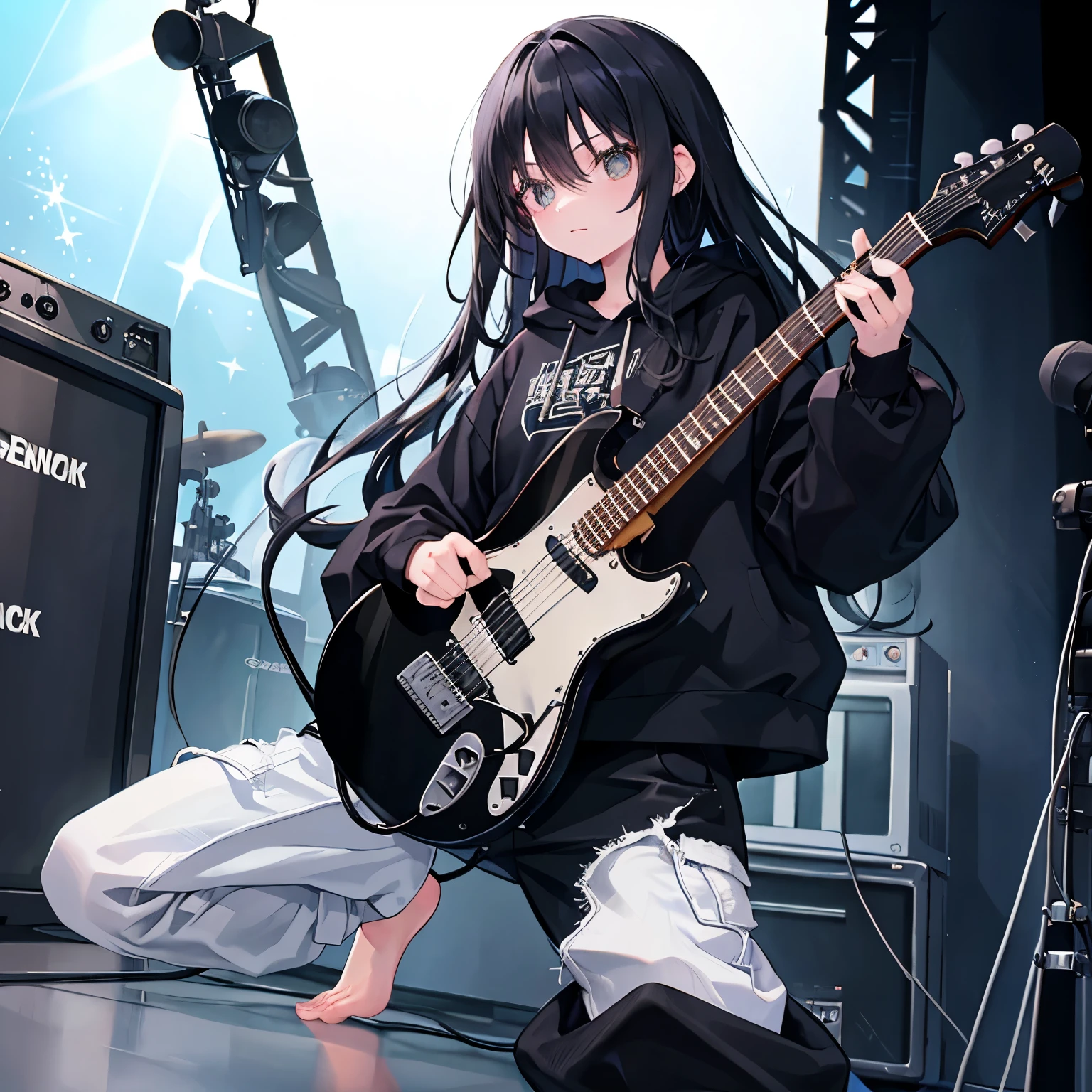 black long hair, wearing baggy pants, oversized hoodie, barefoot, Playing electric guitar, stage, illumination, Sparkling