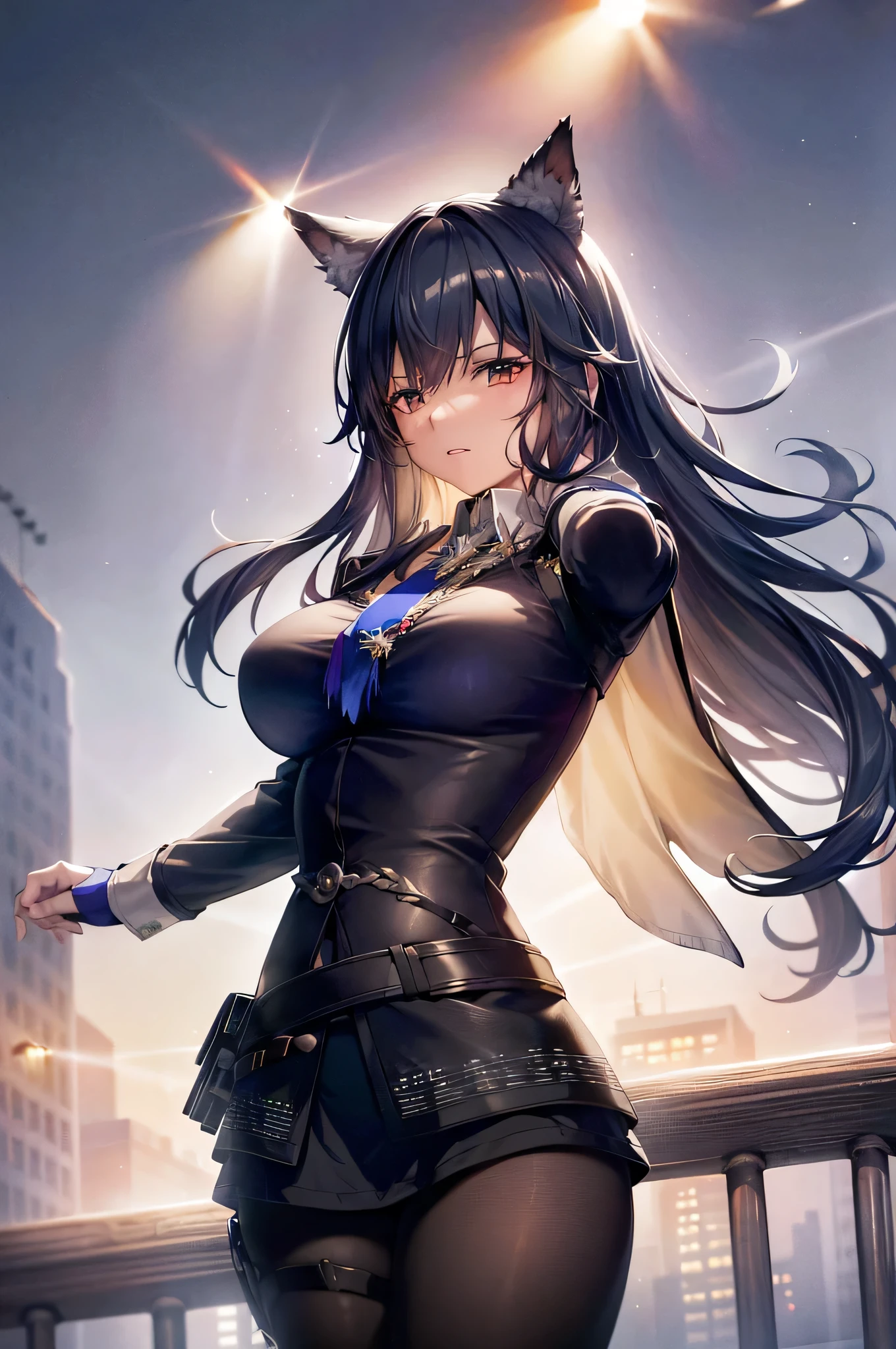 beautiful detailed illustration, amazing art, (((extremely detailed 8k wallpaper))), (best quality), atmosphere lighting, style of cygames, 1girl, cat girl, solo, cowboy shot, blaze, medium breast, fire, ruins, buildings, mist, war (place), no words, looking at viewer, ((extremely detailed)), <lora:arknightsBLAZE_v10:1.05>