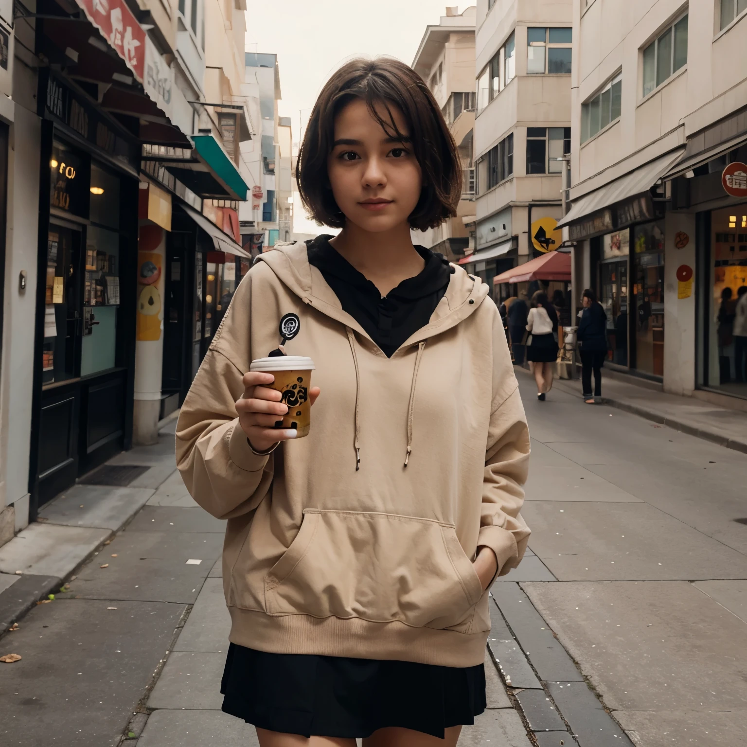 A 13 year old girl wearing a brown oversized hoodie with short black skirt brown short hair brown eyes holding a boba and enjoying her day walking in a busy street