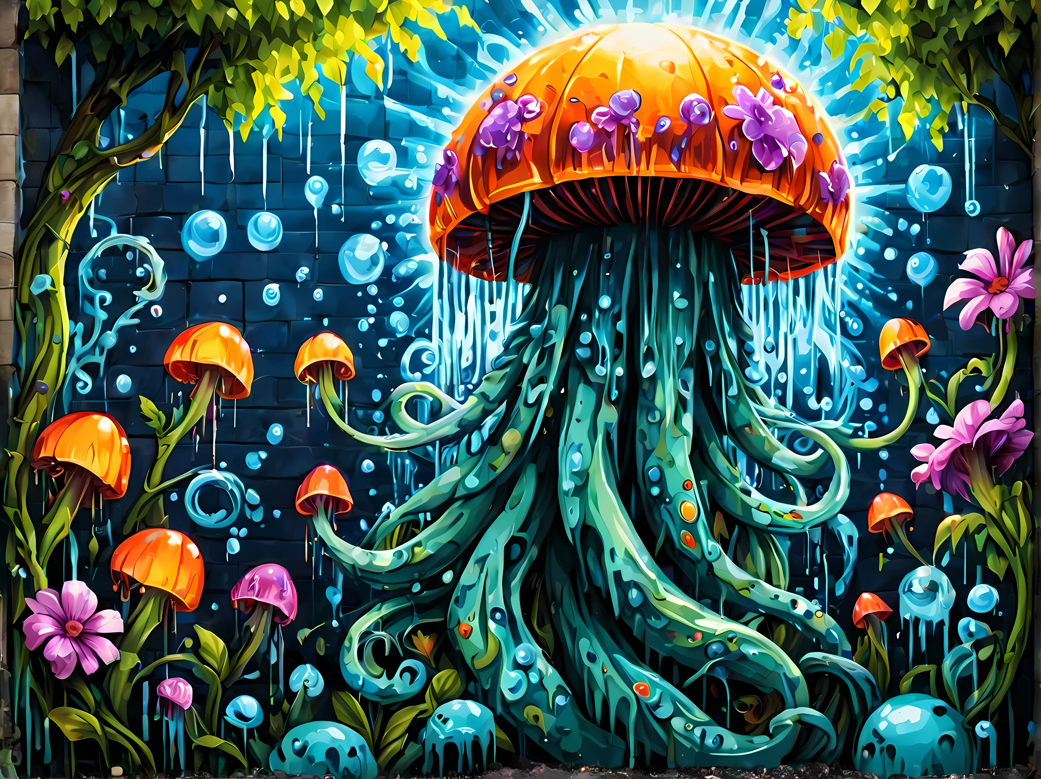 (pixel art:1.4), made of elemental_graffiti, design a mesmerizing ((((wall graffiti)))) featuring magnificent jellyfish, its tentacles gracefully extend outward, seamlessly intertwining with blooming vines and colorful (wildflowers) that grow around the mural, sunlight (filters through the canopy) above, casting dappled light onto the scene, creating a mystical and enchanting ambiance. | ((More_Detail))
