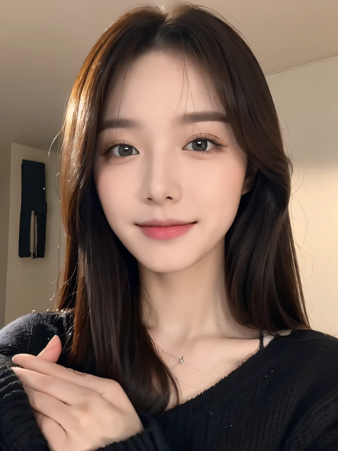a beautiful girl、Have prominent and slender abdominal muscles、Super detailed face、exquisite eyes、double eyelids、top quality、ultra high resolution、real picture,Strong realism，（best quality，4k，masterpiece：1.3），beautiful woman，1 female、24 years old model、Dark brown hair：1.1,Super detailed face，lip details，Detailed eyes，double eyelids、big black eyes、Smile、long hair、wintereplace、Relax、Black Sweater