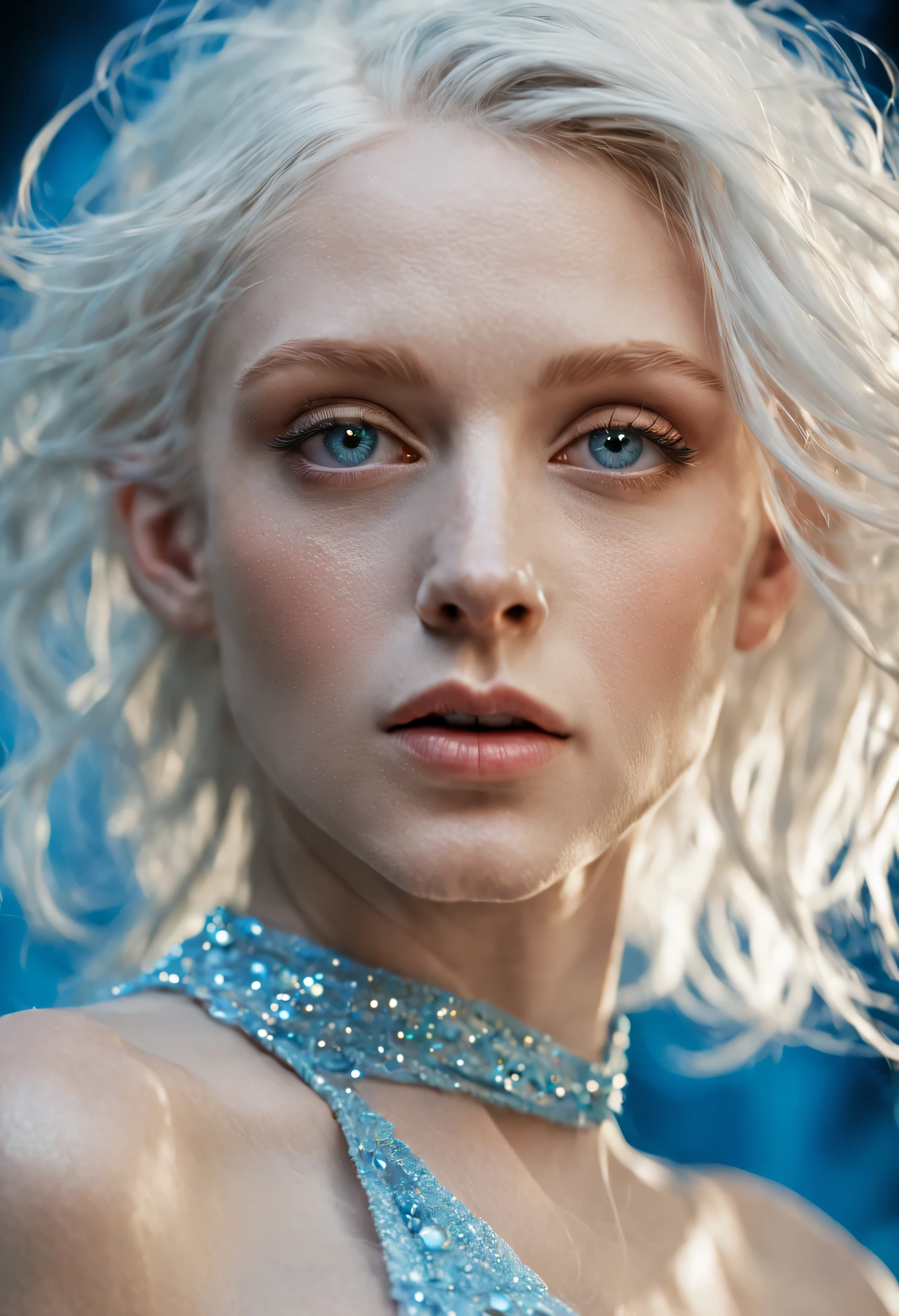 Envision a unique and beautiful albino female, embodying her own distinct form of beauty. Her skin is porcelain-white, and her hair is pale, almost translucent, flowing gracefully around her. Her eyes, a striking shade of light blue, are captivating, with stardust pouring from them like tears, sparkling and shimmering in the light. This stardust trail adds a mystical aura to her appearance, suggesting a deep connection with the cosmos. Her facial features are delicate and ethe, Shot on a Hasselblad medium format camera with a 100mm lens. Unmistakable to a photograph. Cinematic lighting. Photographed by Tim Walker, –AR 4:5 –s 750 –niji 5 –v 5 –q2 -Shader’s --Post Processing --Post-Production --Cell Shading --Tone Mapping --CGI --VFX --SFX --insanely detailed and intricate --hyper maximalist --elegant --dynamic pose --photography --volumetric --ultra-detailed --intricate details --super detailed --ambient –uplight