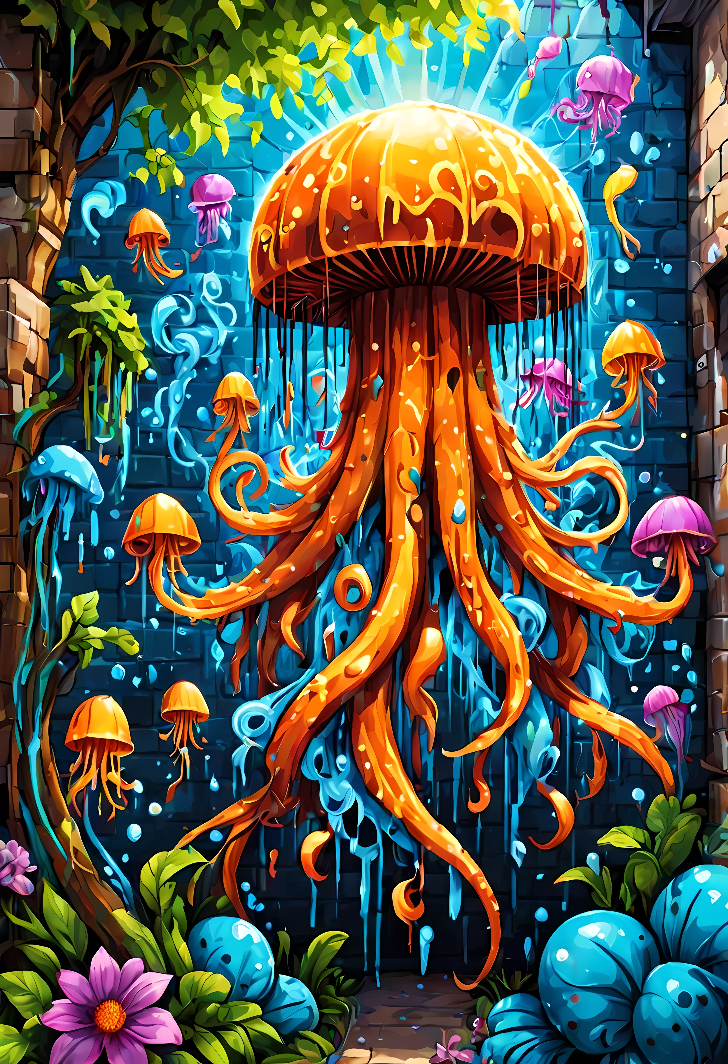 (pixel art:1.4), made of elemental_graffiti, design a mesmerizing ((((wall graffiti)))) featuring magnificent jellyfish, its tentacles gracefully extend outward, seamlessly intertwining with blooming vines and colorful (wildflowers) that grow around the mural, sunlight (filters through the canopy) above, casting dappled light onto the scene, creating a mystical and enchanting ambiance. | ((More_Detail))
