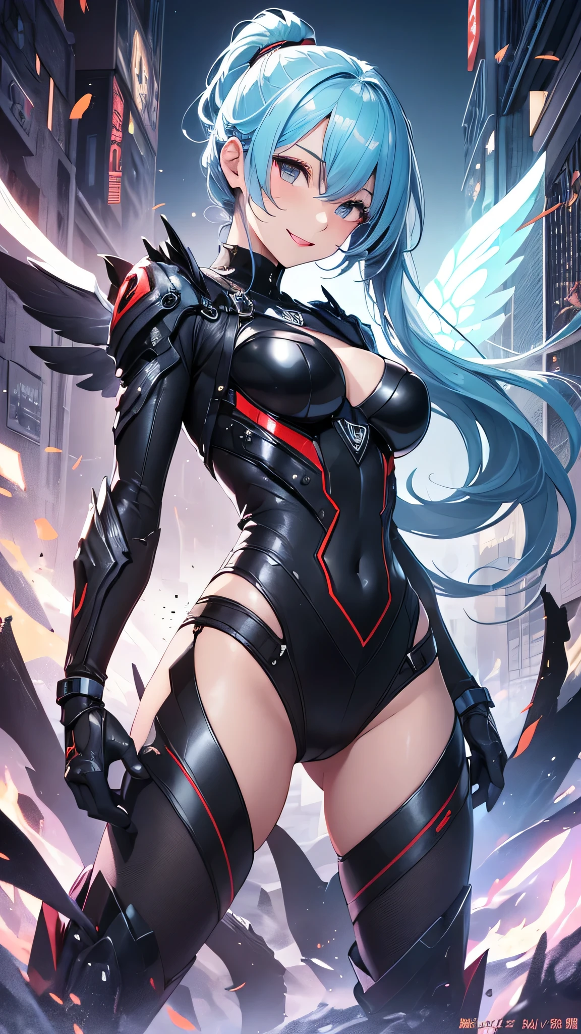 最high quality、best image quality、masterpiece、girl((20-year-old、 By becoming、vest bust、medium bust,wide open breast tea、shining eyes, light blue hair、long hair、thin,highest valley、ponytail、robot body、Machine body、red lipstick、half-backed posture、floating state、mechanical sword、sharp mechanical wings、shiny boots、smile、black underwear)),high quality、beautiful art、background((Near future、Machine area))、Flight、debris flies、Depth of written boundary、movie、visual art、perfect art、8k,genuine、