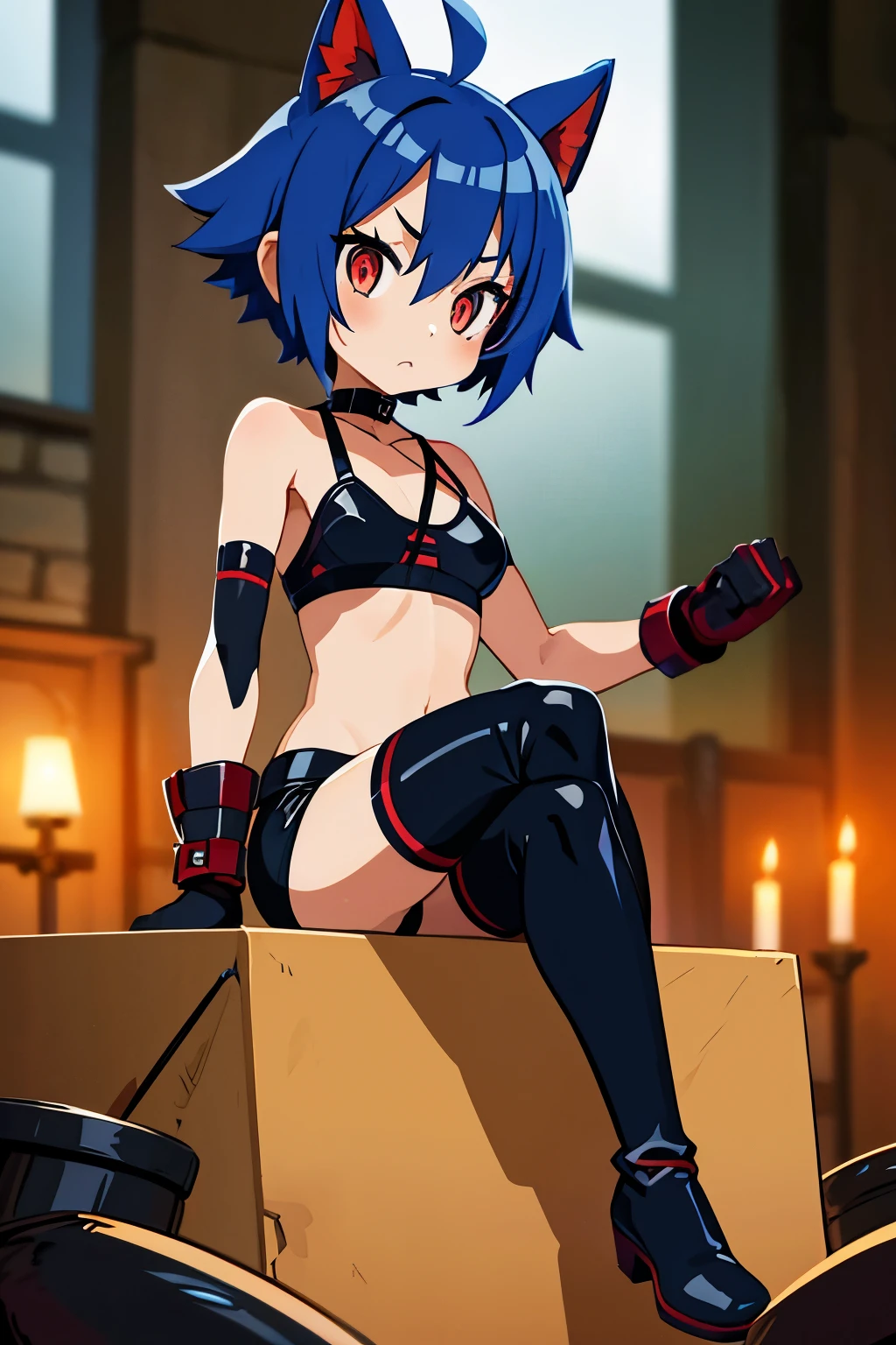 Dwarf Pygmy Slender Cat eyes Triangular mouth Red cheeks Blue hair Messy short hair Amber eyes Black pupils Dark skin Sports bra Bottoms Leather gloves Short boots Bandage Choker Sitting cross-legged