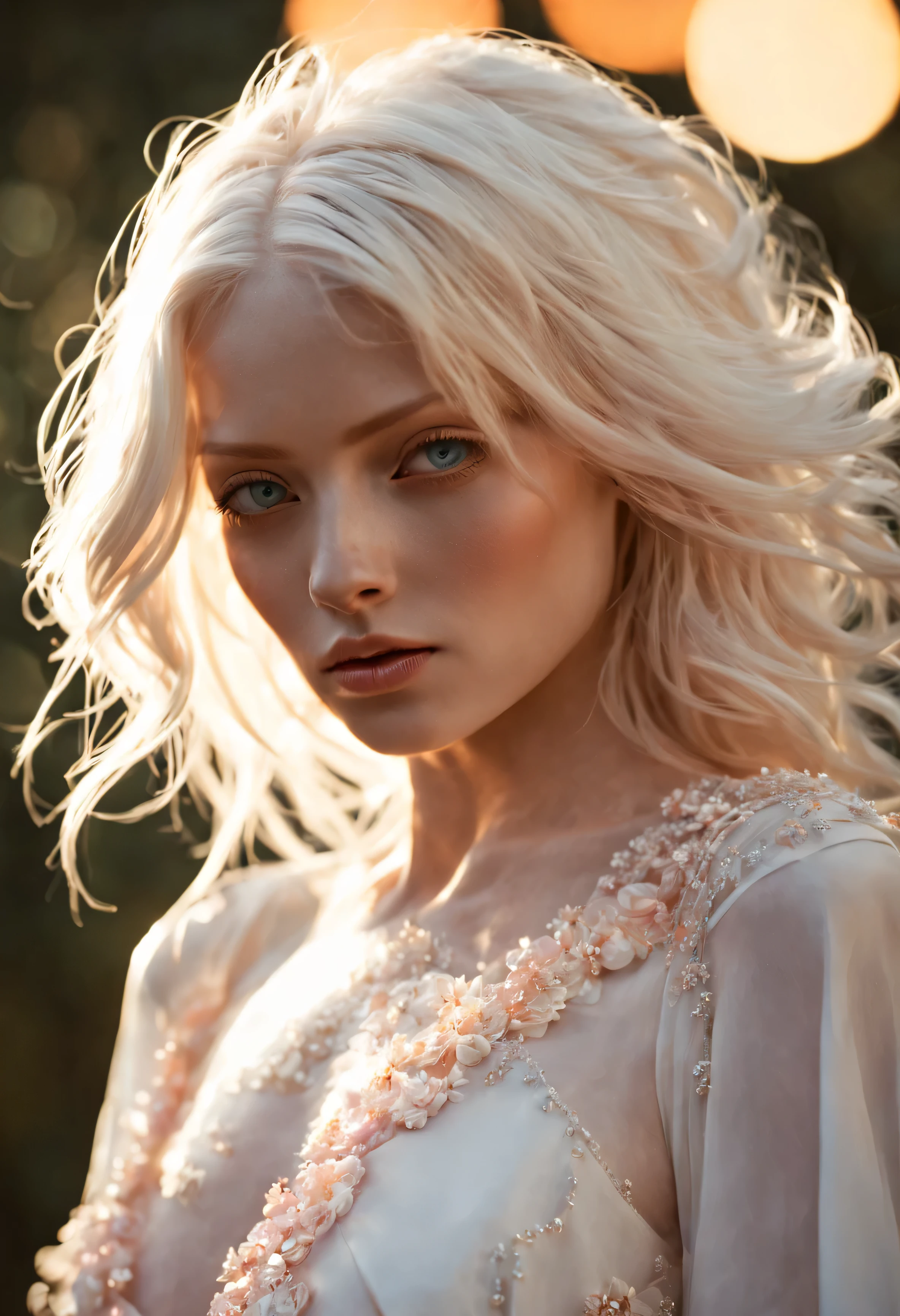 Envision a unique and beautiful albino female, embodying her own distinct form of beauty. Her skin is porcelain-white, and her hair is pale, almost translucent, flowing gracefully around her. Her eyes, a striking shade of Peach Fuzz, A light, delicate shade that sits between pink and orange, are captivating, with stardust pouring from them like tears, sparkling and shimmering in the light. This stardust trail adds a mystical aura to her appearance, suggesting a deep connection with the cosmos. Her facial features are delicate and ethe, Shot on a Hasselblad medium format camera with a 100mm lens. Unmistakable to a photograph. Cinematic lighting. Photographed by Tim Walker, –AR 4:5 –s 750 –niji 5 –v 5 –q2 -Shader’s --Post Processing --Post-Production --Cell Shading --Tone Mapping --CGI --VFX --SFX --insanely detailed and intricate --hyper maximalist --elegant --dynamic pose --photography --volumetric --ultra-detailed --intricate details --super detailed --ambient –uplight