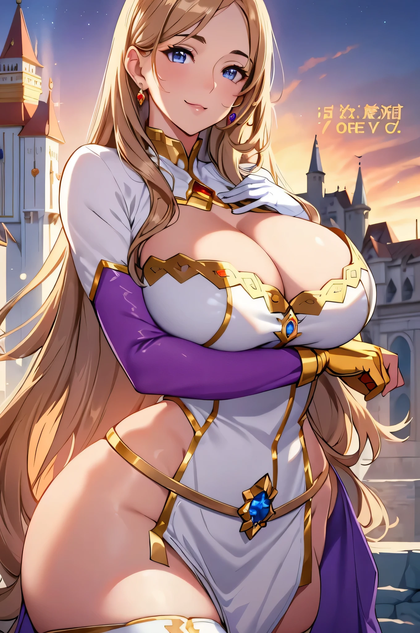 Lian, light brown hair, hair stick, bangs, blue eyes, solo, smiling, standing, upper body, hips, bare shoulders,purple thighhighs, white dress, gold jewelry,armor,gloves,circlet, cleavage, red and gold royal castle, gigantic breasts, (best quality, masterpiece, beautiful and aesthetic:1.2, highest detailed face, perfect face,)  eyes, perfect face,expressive eyes,
looking at viewer, in the center of the image,(Upper_body),(Focus on her face),
official art,extremely detailed CG unity 8k wallpaper, perfect lighting,Colorful, Bright_Front_face_Lighting,shiny skin, 
(masterpiece:1.0),(best_quality:1.0), ultra high res,4K,ultra-detailed
