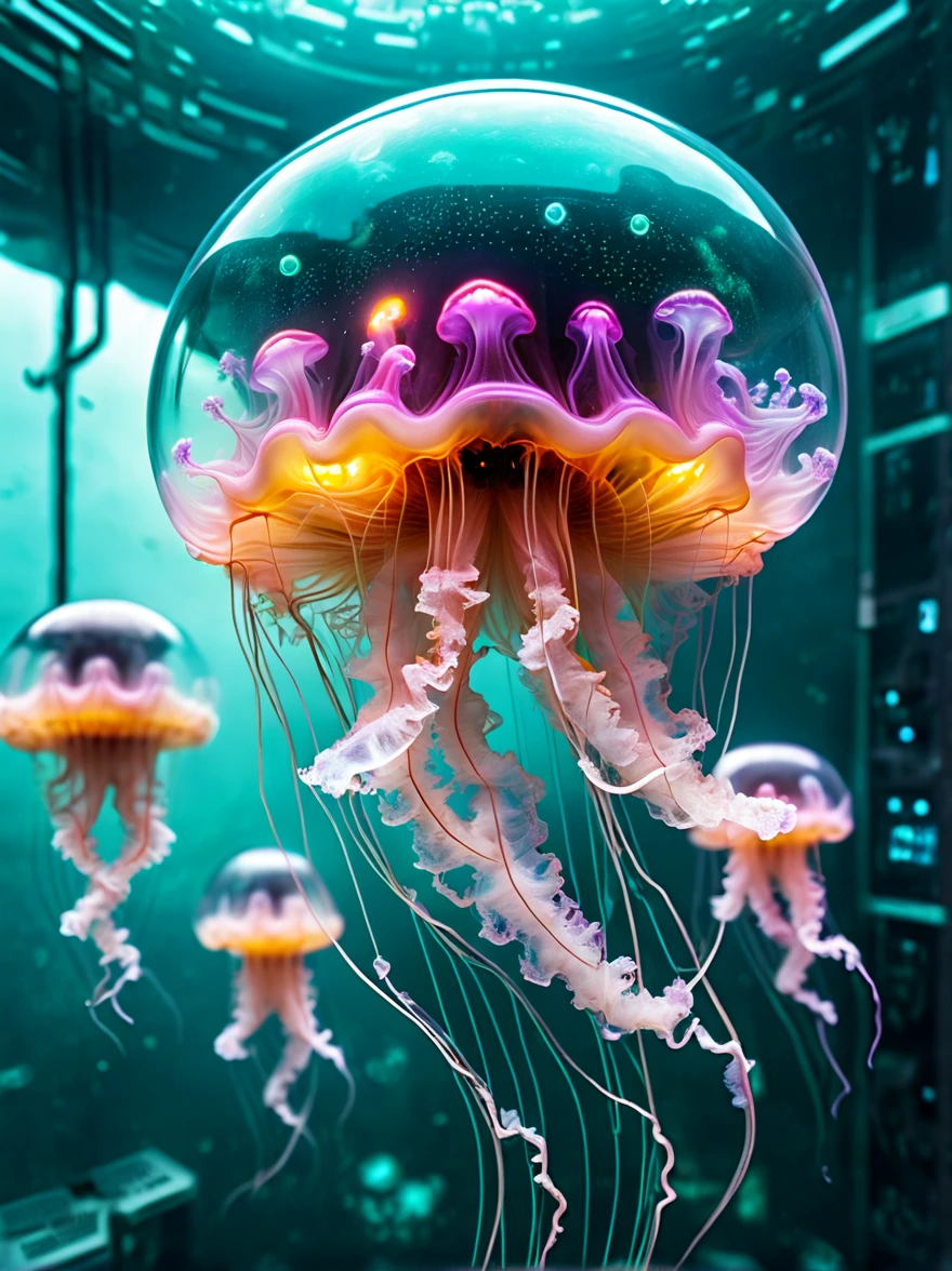 (Cute alien jellyfish on futuristic background combines sci-fi style with modern design)，风格为color纹理、(radiation clusters)、Lowell Herero、Transparent color、Rebecca Louise Law、color、Come to technology,thunder and lightning,Epic scenes,Photorealism,cyberpunk,bubble goth,Vision,8K