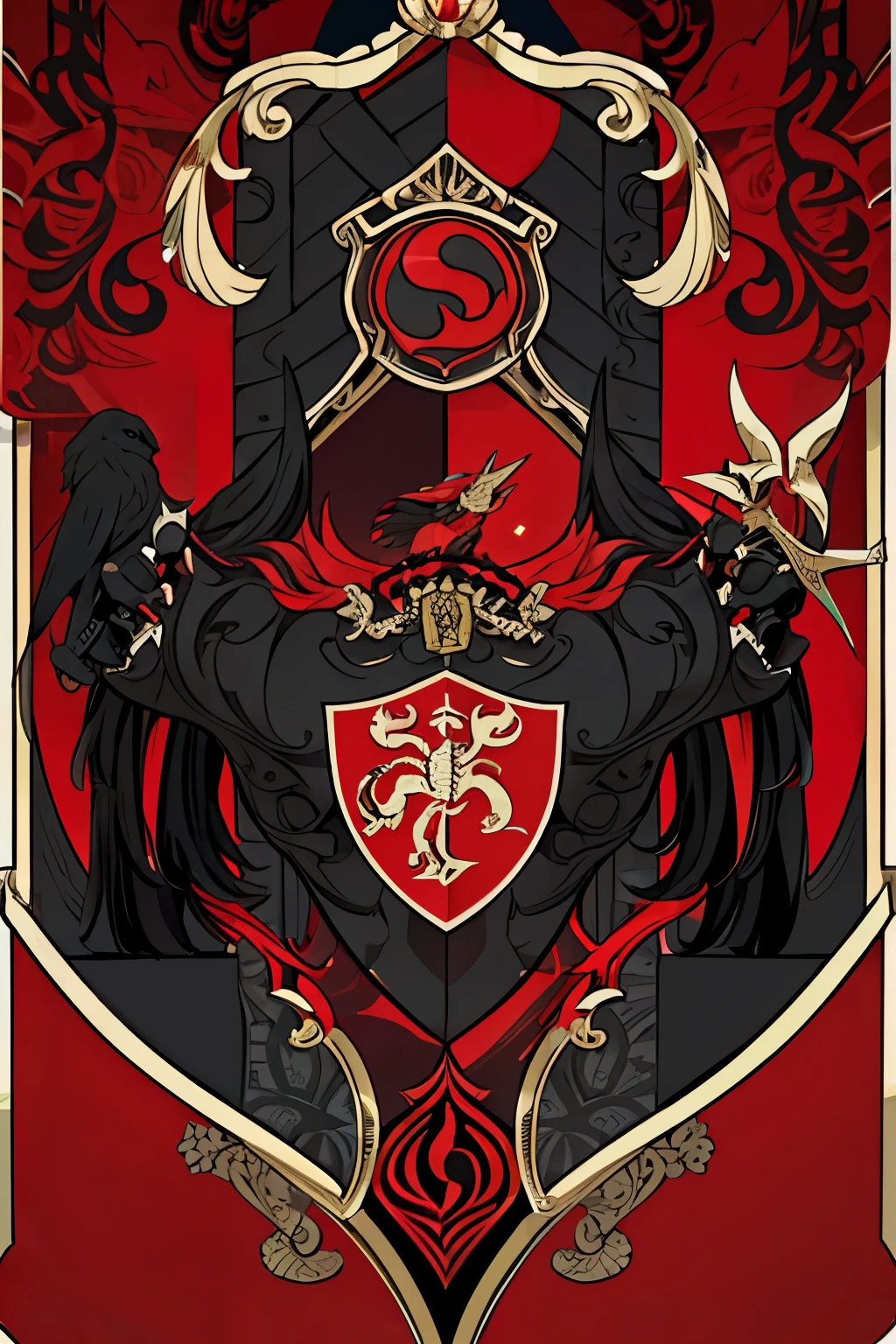 ( coat of arms design) scorpio in the center of the shield, a black and red shield with a stylized design on it, shield design, fantasy shield, red and black armor, balck and red coat of arms, shield emblem, royal coat of arms, sword, scorpio symbol, coat of arms