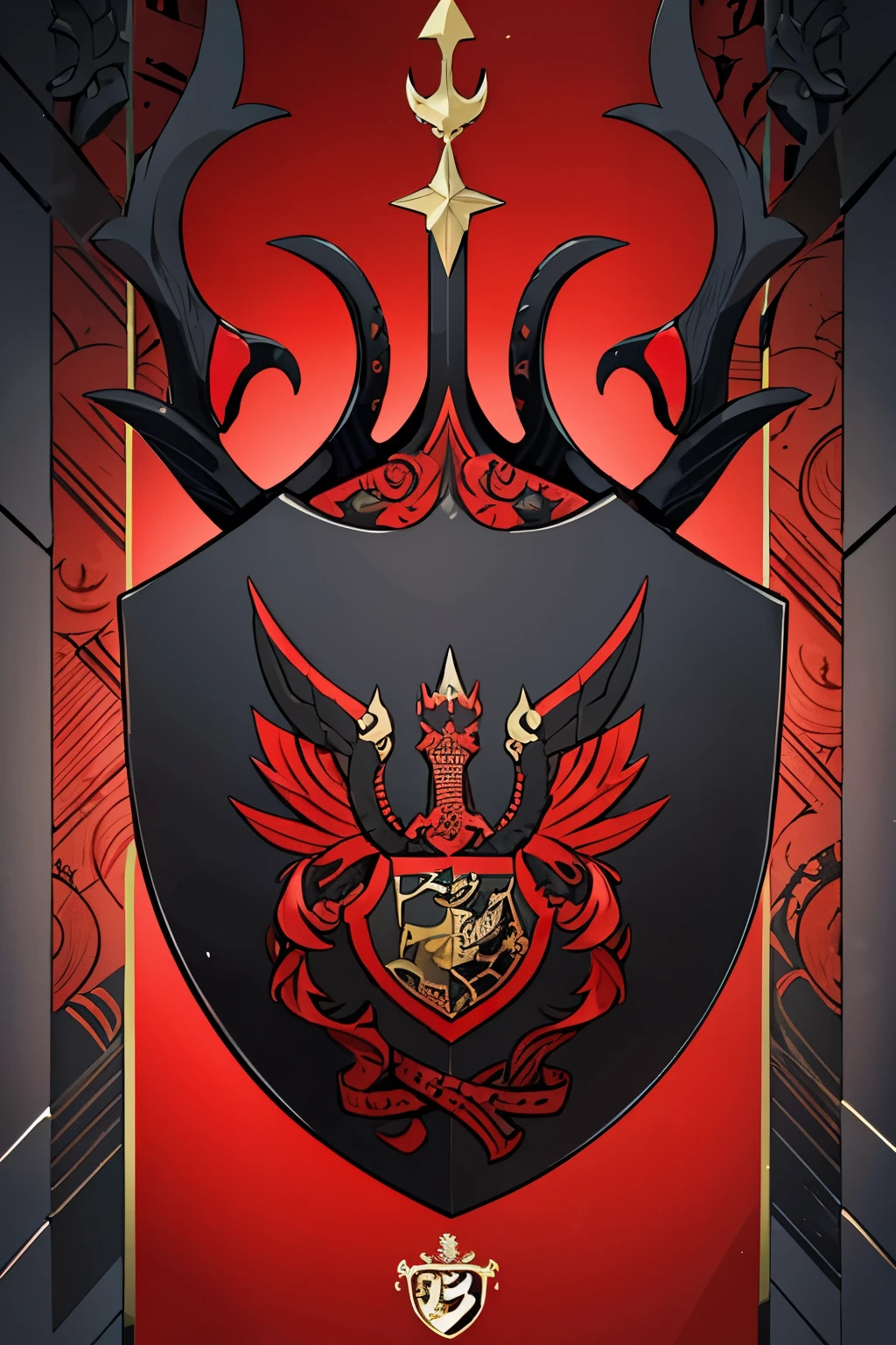 ( coat of arms design) scorpio in the center of the shield, a black and red shield with a stylized design on it, shield design, fantasy shield, red and black armor, balck and red coat of arms, shield emblem, royal coat of arms, sword, scorpio symbol,  coat of arms