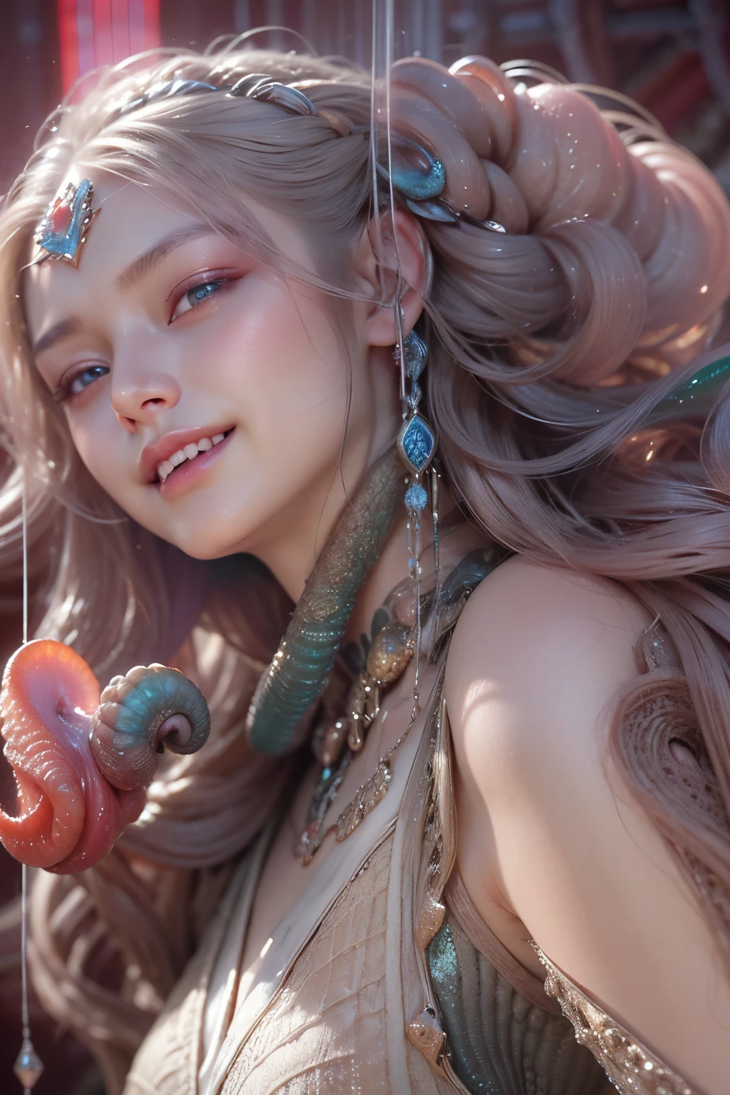 (1 beautiful seductive female creature:1.4), ((There is a female genital-like organ in the middle of the forehead.:1.8)), (realistic face:1.2), Super realistic clear skin, she is very sleepy, (Number of award-winning masterpieces々, incredibly detailed, Texture and maximum detail), midnight aura, unreal engine 5, super sharp focus, midnight aura, unreal engine 5, super sharp focus, (art by Amano Yoshitaka:1.5), art germ, Reusch, intricate artwork, ultra realistic realism, High resolution, High freshness, Unity 8K wallpaper, Super detailed artistic photography, dream-like, fantasy creation, dream snail, (biopunk nautilus:1.3),thrilling color scheme, amazing mutation, She has a beautiful figure with a well-proportioned golden ratio, the goddess of the deep sea, fractal, Geometric pattern, impossible numberany transparent white tentacles with luminescent organs:1.4), Subtle emerald green accents, (smile seductively:1.3),(she has the most beautiful face in the history of the universe:1.5), (She looks down at the viewer with glowing red eyes without pupils:1.3), an evil gaze that seduces, cinematic lighting, (no makeup:1.3), (From the gap between your cute lips,Long canine teeth peek out like a vampire:1.5), in the palace hall, A sweet sigh leaks from her beautiful lips with ecstatic expression, She has countless hair-like translucent tentacles on her head. cheerful smile