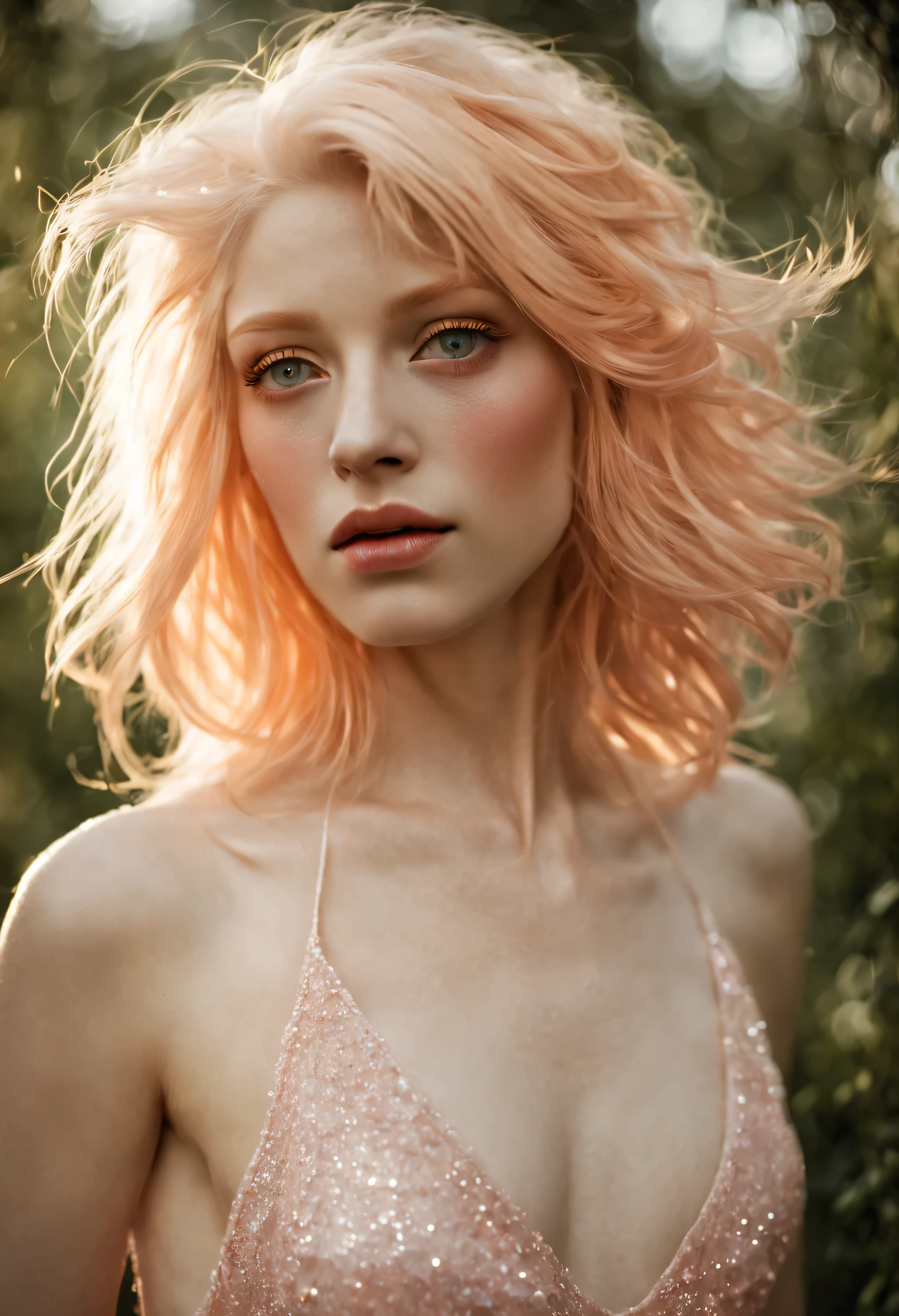 Envision a unique and beautiful albino female, embodying her own distinct form of beauty. Her skin is porcelain-white, and her hair is pale, almost translucent, flowing gracefully around her. Her eyes, a striking shade of Peach Fuzz, A light, delicate shade that sits between pink and orange, are captivating, with stardust pouring from them like tears, sparkling and shimmering in the light. This stardust trail adds a mystical aura to her appearance, suggesting a deep connection with the cosmos. Her facial features are delicate and ethe, Shot on a Hasselblad medium format camera with a 100mm lens. Unmistakable to a photograph. Cinematic lighting. Photographed by Tim Walker, –AR 4:5 –s 750 –niji 5 –v 5 –q2 -Shader’s --Post Processing --Post-Production --Cell Shading --Tone Mapping --CGI --VFX --SFX --insanely detailed and intricate --hyper maximalist --elegant --dynamic pose --photography --volumetric --ultra-detailed --intricate details --super detailed --ambient –uplight