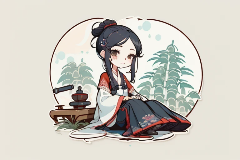 1 sticker, directory, (sticker, 1 girl, Clothing of the Chinese Ming Dynasty, Gorgeous collared top, pleated long skirt, Hanfu, embroidery, Hairpin, Bamboo, month, pavilion), White stroke, bezel, watercolor, light background, simple background, minimum, Cute, tiny, pastel color, vector style, no gradient,