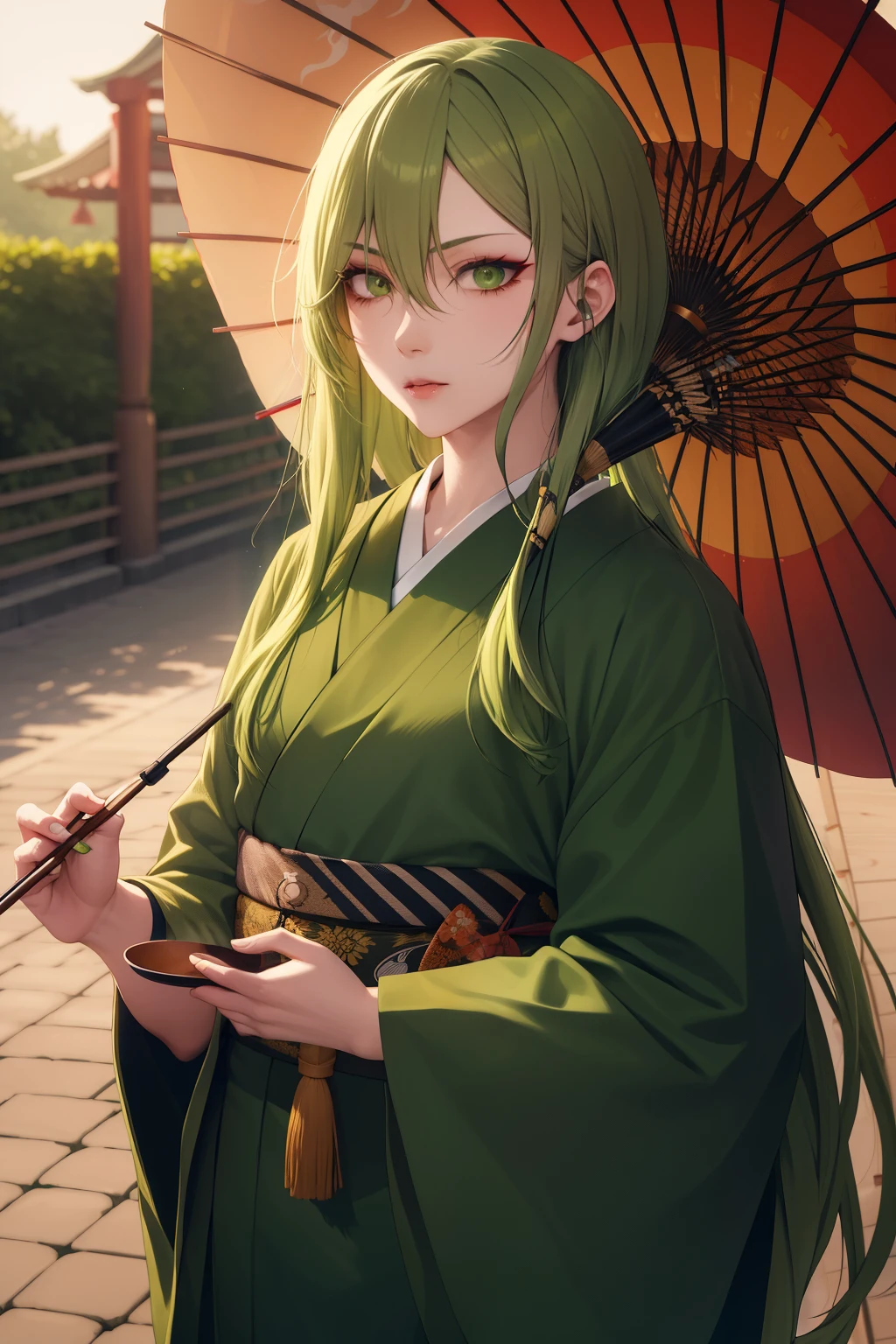 Long hair, greenish hair, hairpin, smoking pipe, narrow eyes, double-faced, Japanese clothing, adult woman, green eyes, red eyeshadow and lip, one woman, gentle atmosphere, tray umbrella