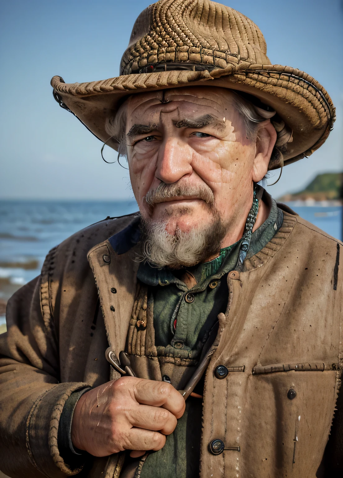 Portrait of a seasoned fisherman, with weathered skin, deep wrinkles, and a piercing gaze. He sports a white beard and a fishermans hat. The background is a softly blurred dock, emphasizing his rugged features under natural light.