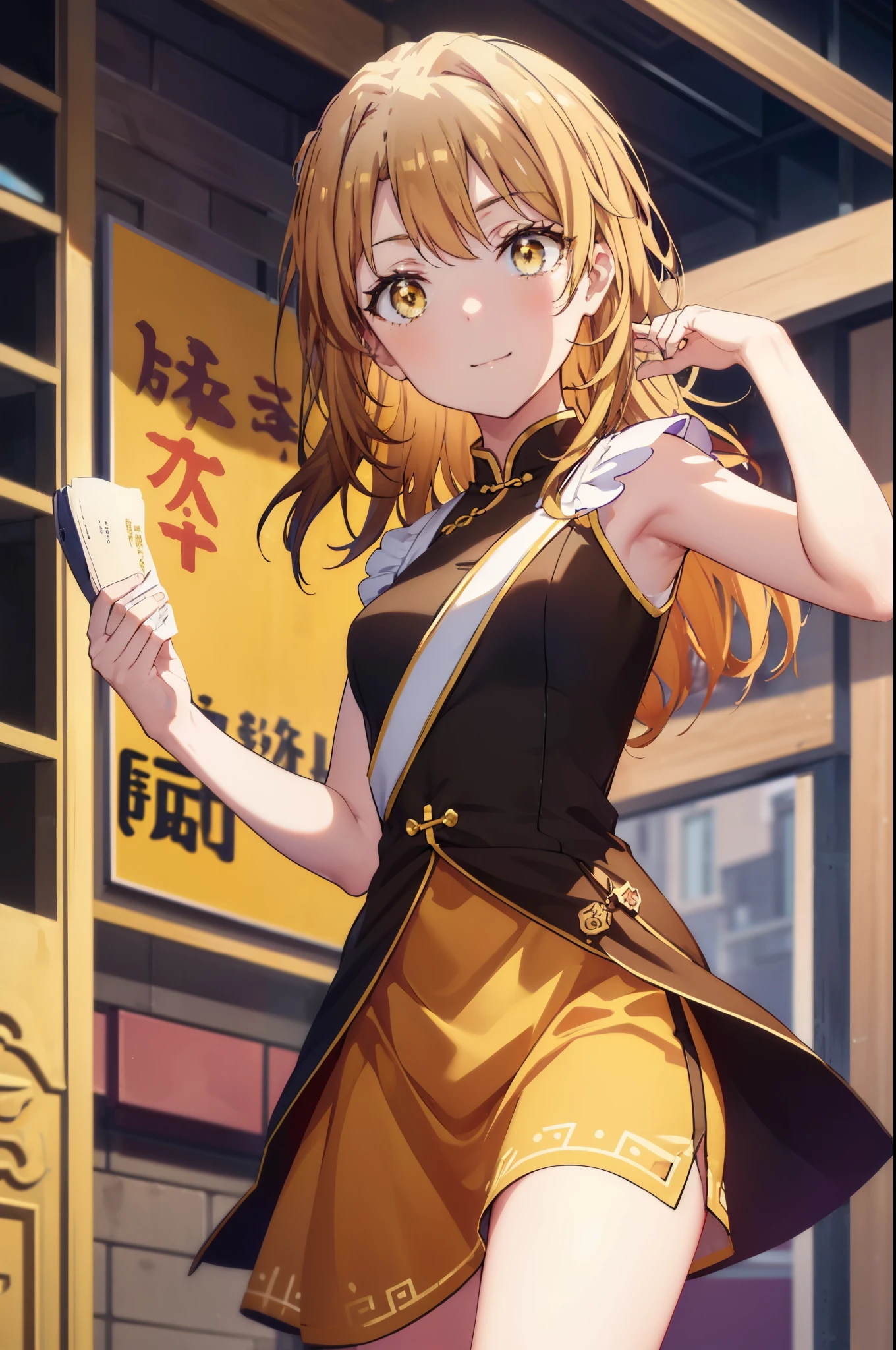 irohaisshiki, iroha isshiki, long hair,brown hair,, (brown eyes:1.5), happy smile, smile, open your mouth,No sleeve,yellow cheongsam clothes,Yellow long slit,Fishnet tights,stiletto heels,whole bodyがイラストに入るように,
break indoors, Chinese Restaurant,
break looking at viewer,whole body,(cowboy shot:1.5),
break (masterpiece:1.2), highest quality, High resolution, unity 8k wallpaper, (shape:0.8), (fine and beautiful eyes:1.6), highly detailed face, perfect lighting, Very detailed CG, (perfect hands, perfect anatomy),