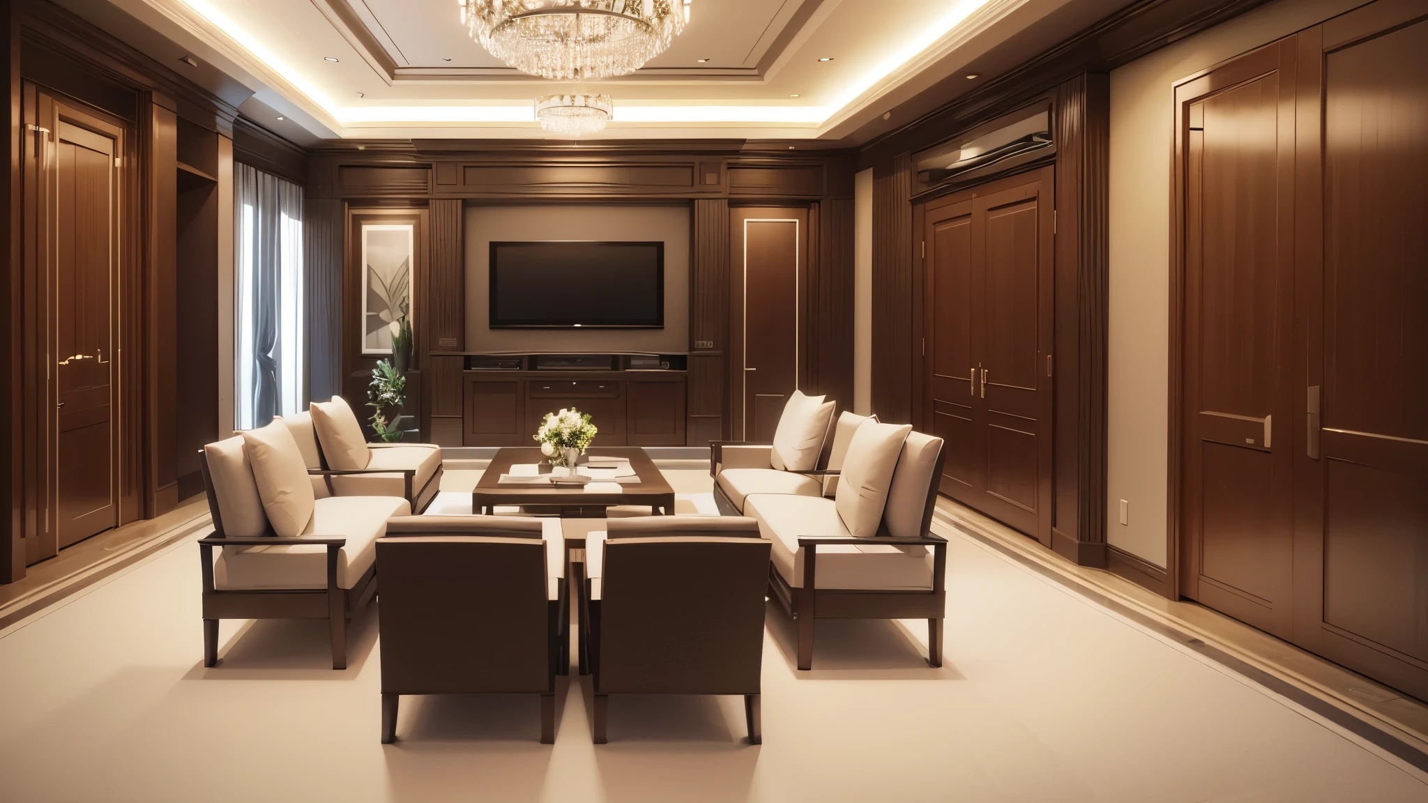 you are a famous interior designer、I was asked to create a 3D image of a large modern room.。. Create a harmonious environment with modern and minimalist furniture. Including garden interior.