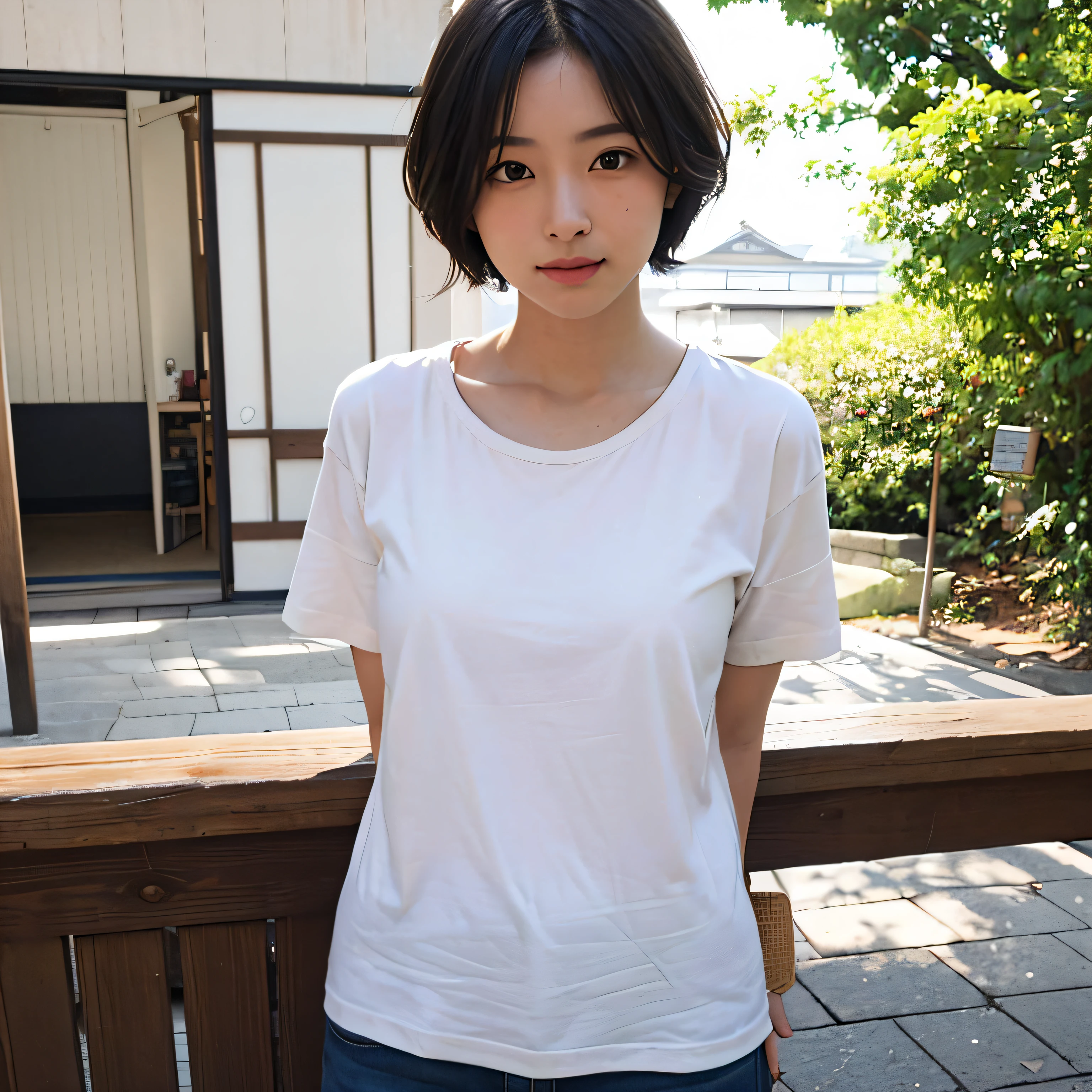 Japan, 30 generation women, dark skin, small breasts, skinny, low length, short hair, boyish, plain white t-shirt, photo-style description, 8K description, sunlight, nature, masterpiece, perfect -- automatic