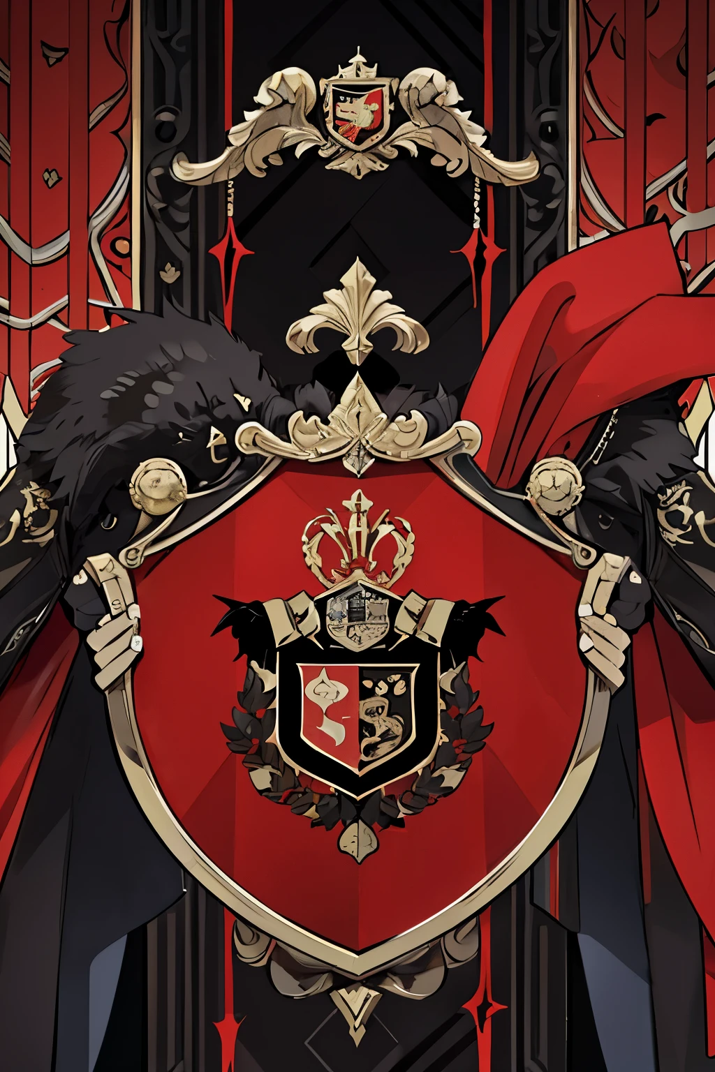 ( coat of arms design) scorpio in the center of the shield, a black and red shield with a stylized design on it, shield design, fantasy shield, red and black armor, balck and red coat of arms, shield emblem, royal coat of arms, sword, scorpio symbol, coat of arms