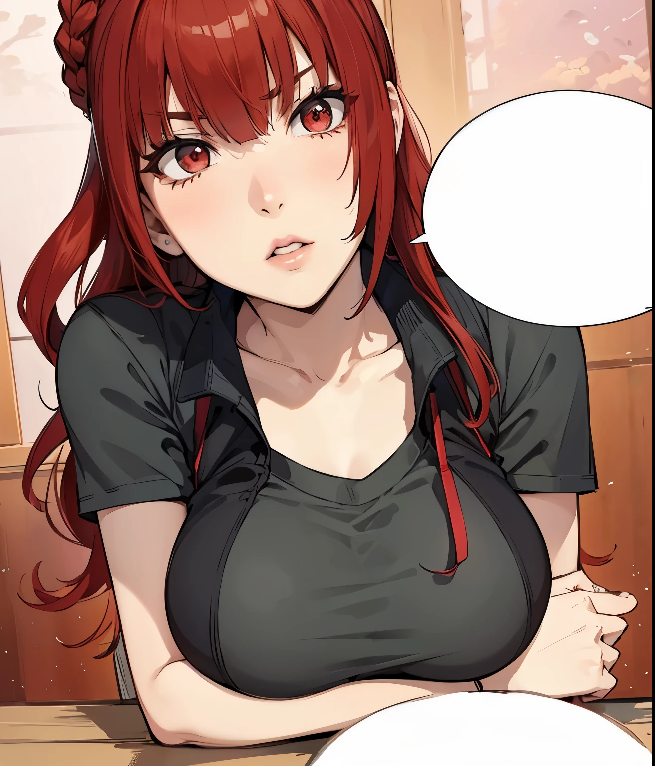 (masterpiece, best quality:1.4), (extremely detailed, 8k, uhd), cinematic shot, natural lighting, ultra highres, vibrant rich colors, (beautiful, aesthetic, perfect, delicate, intricate:1.2), (sharp focus, from front:1.3), eye level shot, 1girl, portrait of a anime girl, young, red hair, (extremely hot, attractive, beautiful, sexy, feminine:1.2) serious expression, serious look, serious eyes, expressive brown eyes, long eyelashes, relaxed,(beautiful detailed face, highly detailed skin, red eyes), gorgeous, breathtaking beauty, seductive, captivating, pale skin, perfect female figure, (slim:0.5), (wearing a dark t-shirt :1.2), (highly saturated lipstick, luscious thick lips), intricate details, daytime, award winning photography, detailed background, volumetric fx, anime, hyper-detailed