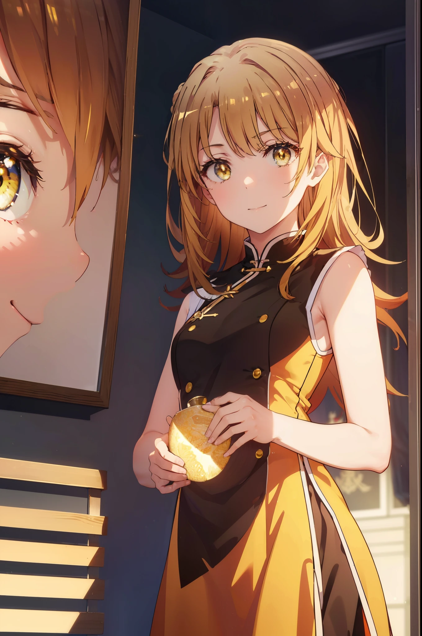 irohaisshiki, iroha isshiki, long hair, brown hair, (brown eyes:1.5), smile,yellow dress, china dress, Chinese service, dress, air, hip vent, side long slit, No sleeve, No sleeve dress, thigh strap,
break indoors, Chinese style restaurant,
break looking at viewer,
break (masterpiece:1.2), highest quality, High resolution, unity 8k wallpaper, (figure:0.8), (detailed and beautiful eyes:1.6), highly detailed face, perfect lighting, Very detailed CG, (perfect hands, perfect anatomy),