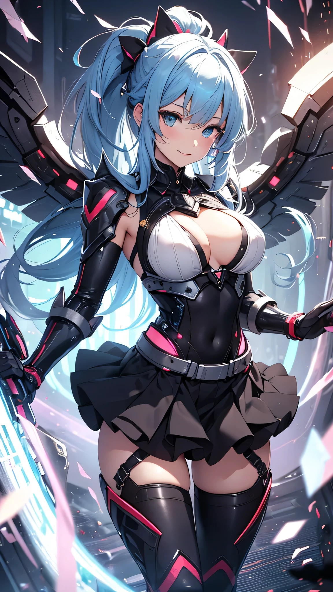 最high quality、best image quality、masterpiece、girl((20-year-old、 By becoming、vest bust、medium bust,wide open breast tea、shining eyes, light blue hair、long hair、thin,highest valley、ponytail、robot body、Machine body、half-backed posture、floating state、mechanical sword、sharp mechanical wings、shiny boots、smile、black underwear、black skirt)),high quality、beautiful art、background((Near future、Machine area))、Flight、debris flies、Depth of written boundary、movie、visual art、perfect art、8k,genuine、