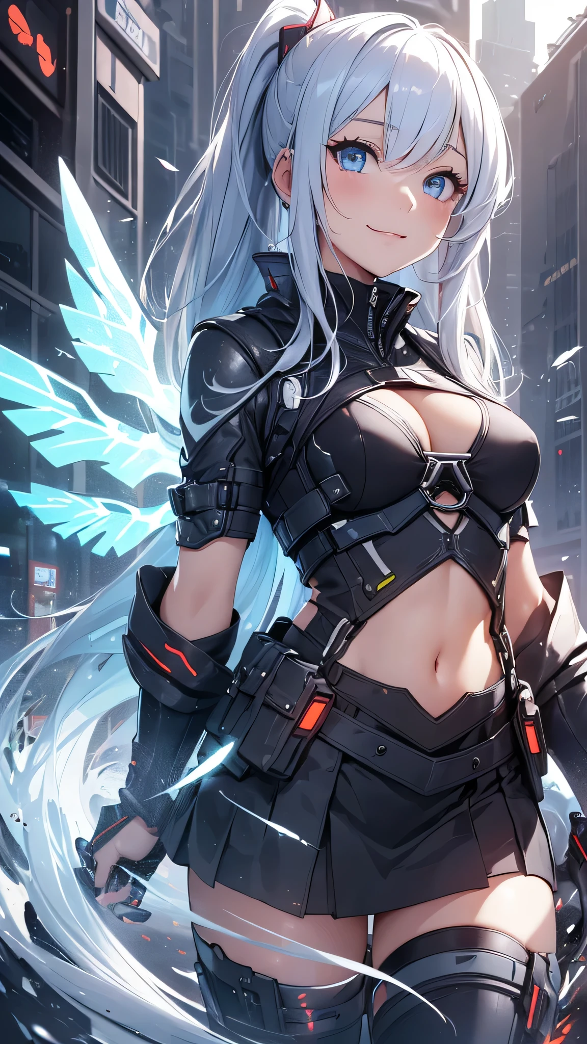 最high quality、best image quality、masterpiece、girl((20-year-old、 By becoming、vest bust、medium bust,wide open breast tea、shining eyes, light blue hair、long hair、thin,highest valley、ponytail、robot body、Machine body、half-backed posture、floating state、mechanical sword、sharp mechanical wings、shiny boots、smile、black underwear、black skirt)),high quality、beautiful art、background((Near future、Machine area))、Flight、debris flies、Depth of written boundary、movie、visual art、perfect art、8k,genuine、