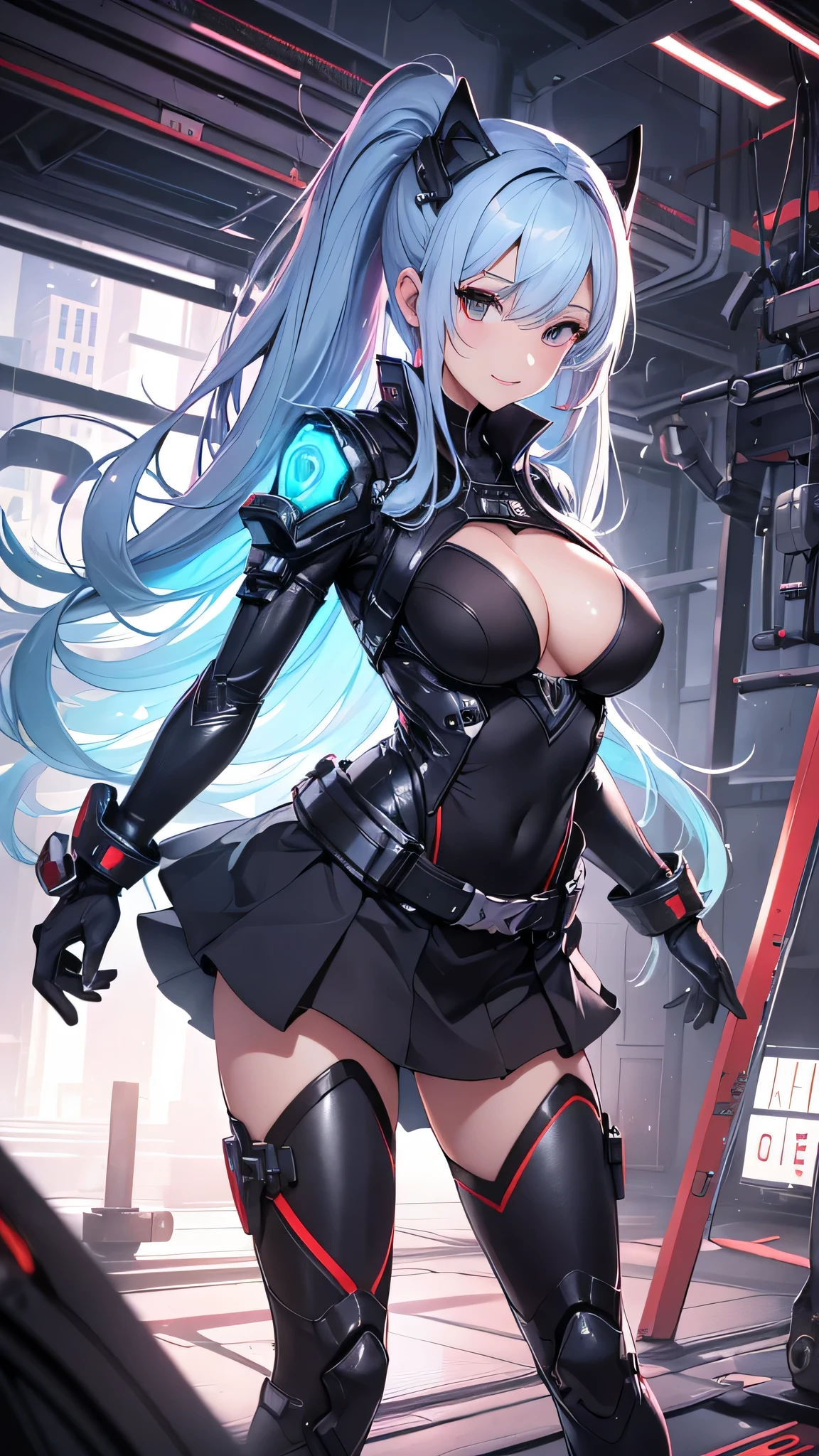 最high quality、best image quality、masterpiece、girl((20-year-old、 By becoming、vest bust、medium bust,wide open breast tea、shining eyes, light blue hair、long hair、thin,highest valley、ponytail、robot body、Machine body、half-backed posture、floating state、mechanical sword、sharp mechanical wings、shiny boots、smile、black underwear、black skirt)),high quality、beautiful art、background((Near future、Machine area))、Flight、debris flies、Depth of written boundary、movie、visual art、perfect art、8k,genuine、