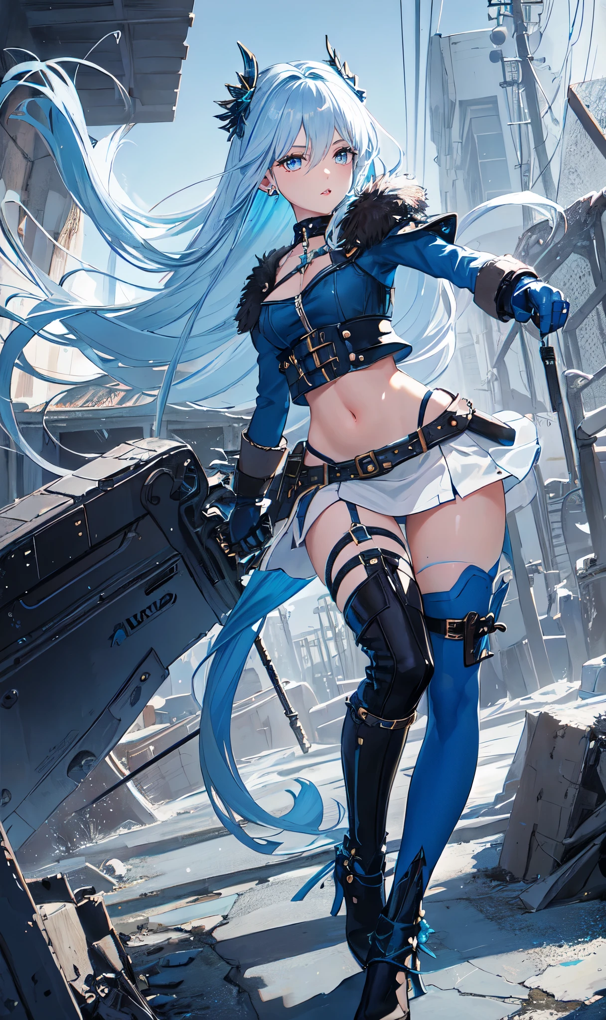 Abandoned winter industrial town background,(pure white straight hair:2.0),(blue cu rlhair end:2.0)issue card,Standing close-up,dream world,scars on face,(Slender blue phoenix eyes,pink lipstick,long eyelashes),Gloves,Short sword,choker,(Assassin's Tight Combat Suit,Torn and worn midriff-baring combat uniform,Leather miniskirt,leg rings,belt:2.0),fur tube top(choker),Over-the-knee high-heeled boots,strappy high heel boots,There are many straps on the legs,Detailed drawn background