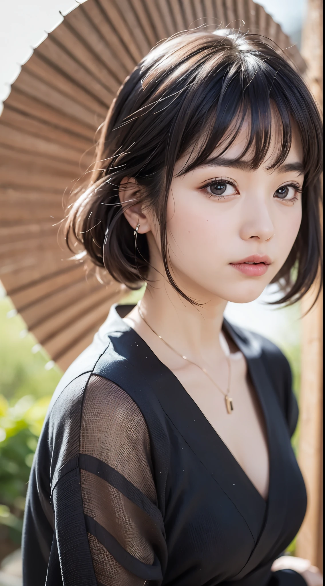 ulzzang-6500-v1.1, (RAW photo:1.2), (Photoreal), (genuine:1.4), (muste piece), beautiful woman with perfect figure: 1.2, jet black hair、Neatly cut bob hair that falls in the front、Wearing a black kimono with an elegant pattern、Have a closed fan、(A murderous expression:1.2)、 highly detailed face and skin, fine eyes, double eyelid,  ((full body shot:1.3))、