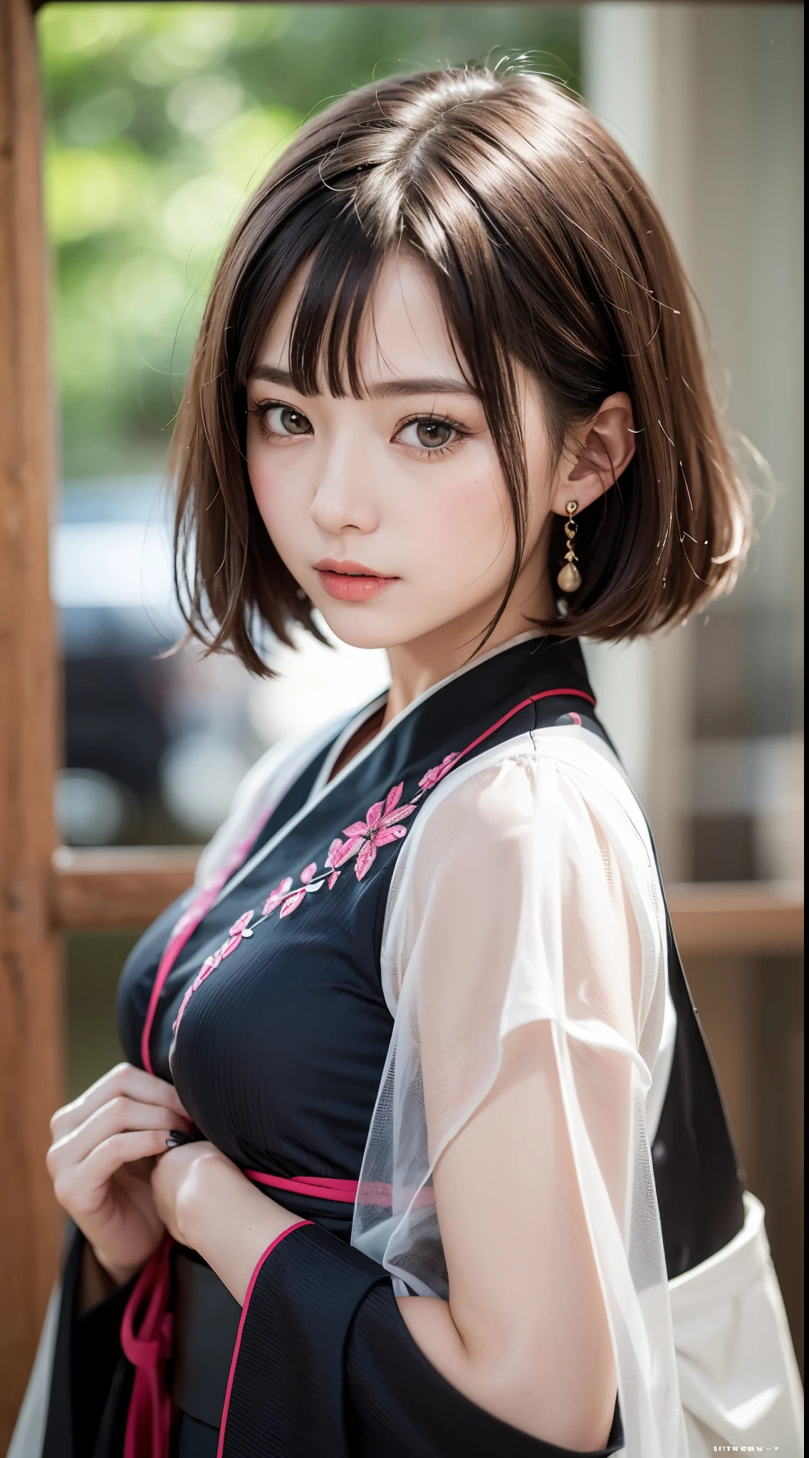 ulzzang-6500-v1.1, (RAW photo:1.2), (Photoreal), (genuine:1.4), (muste piece), beautiful woman with perfect figure: 1.2, jet black hair、Neatly cut bob hair that falls in the front、Wearing a black kimono with an elegant pattern、Have a closed fan、(A murderous expression:1.2)、 highly detailed face and skin, fine eyes, double eyelid, ((full body shot:1.3))、